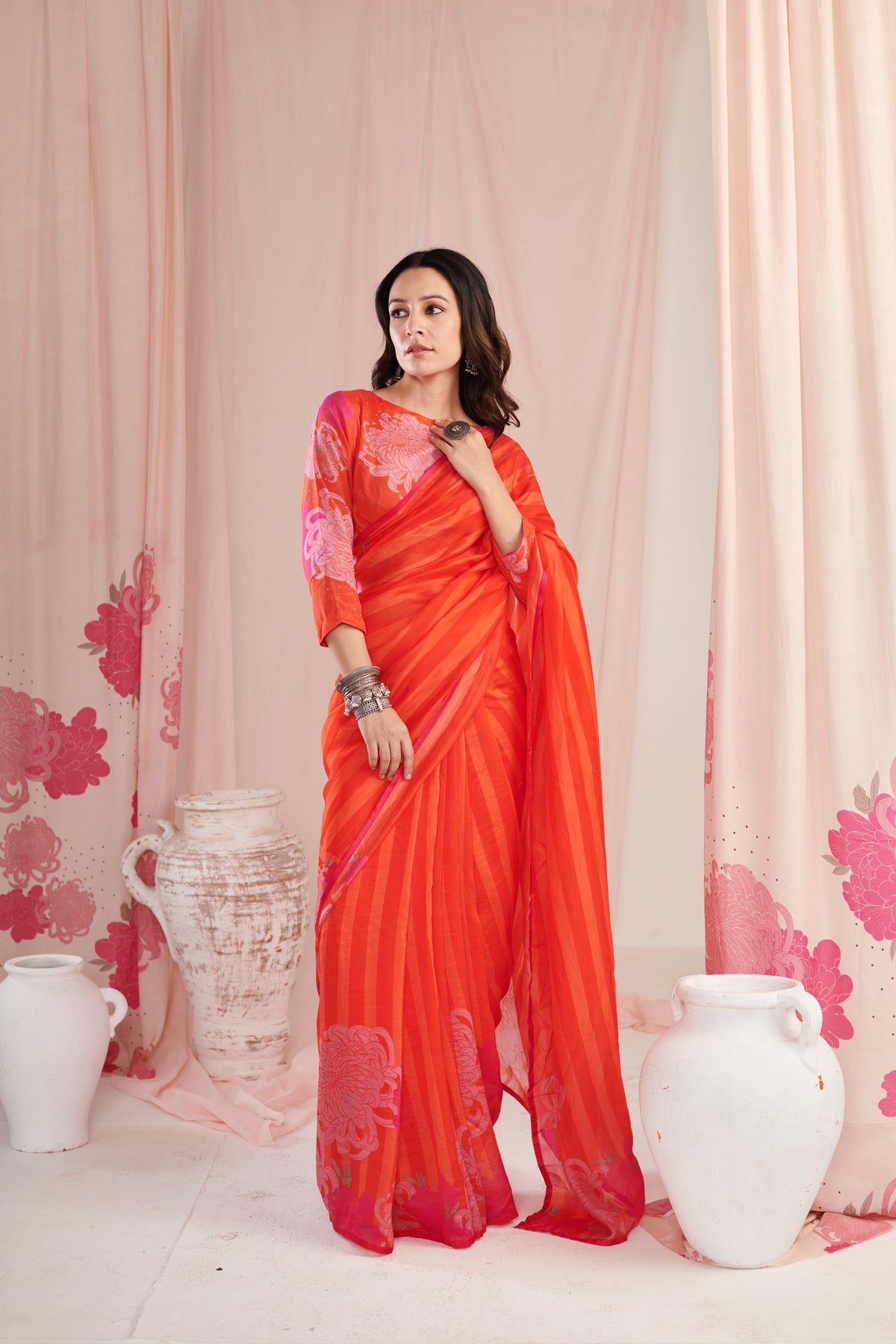 Chrysan Red Saree Set