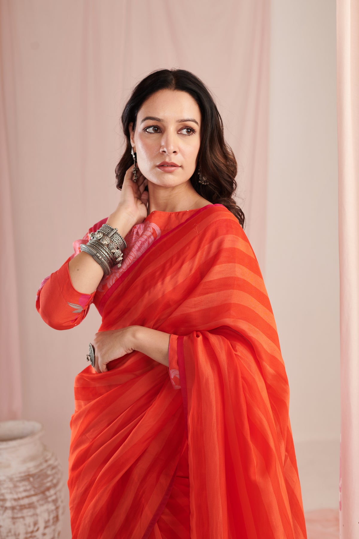 Chrysan Red Saree Set