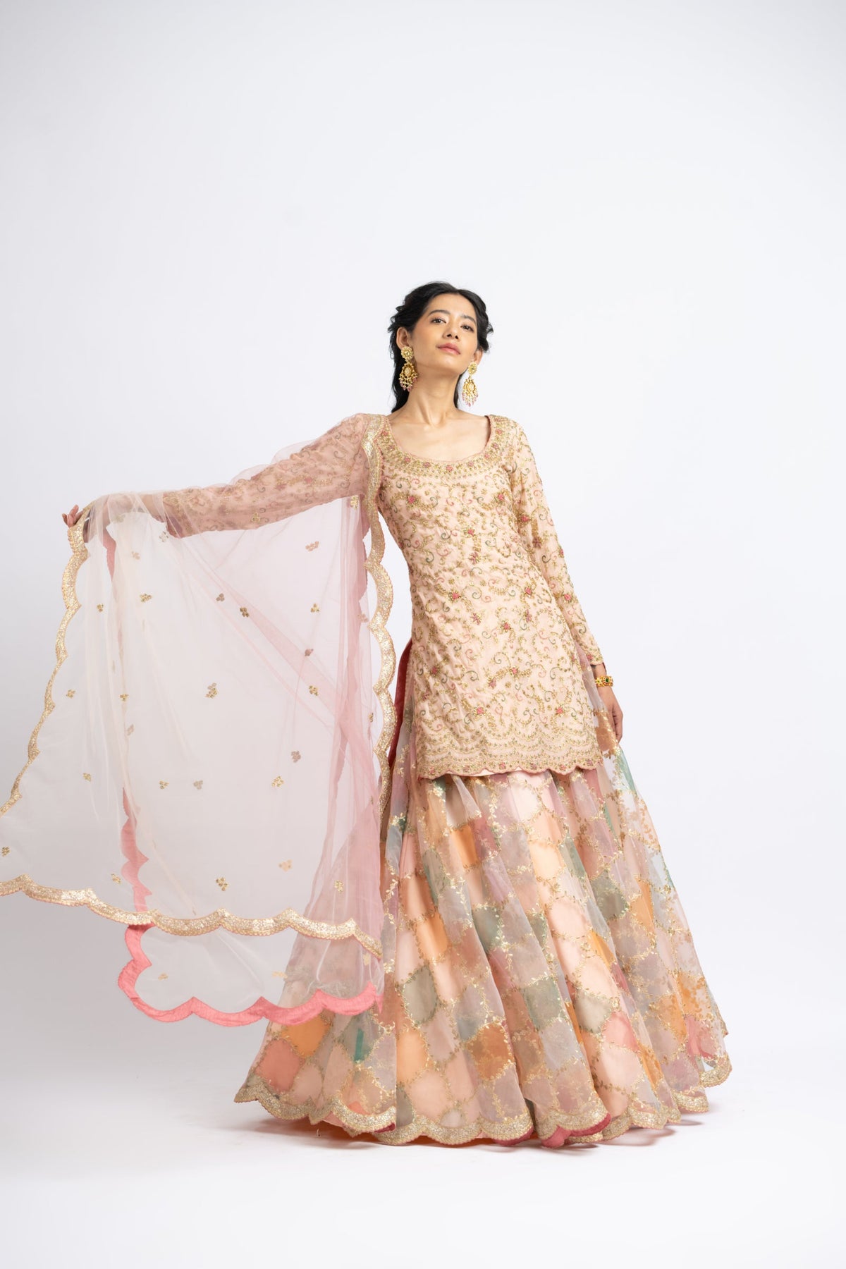 Peach Kurta Lehenga Set