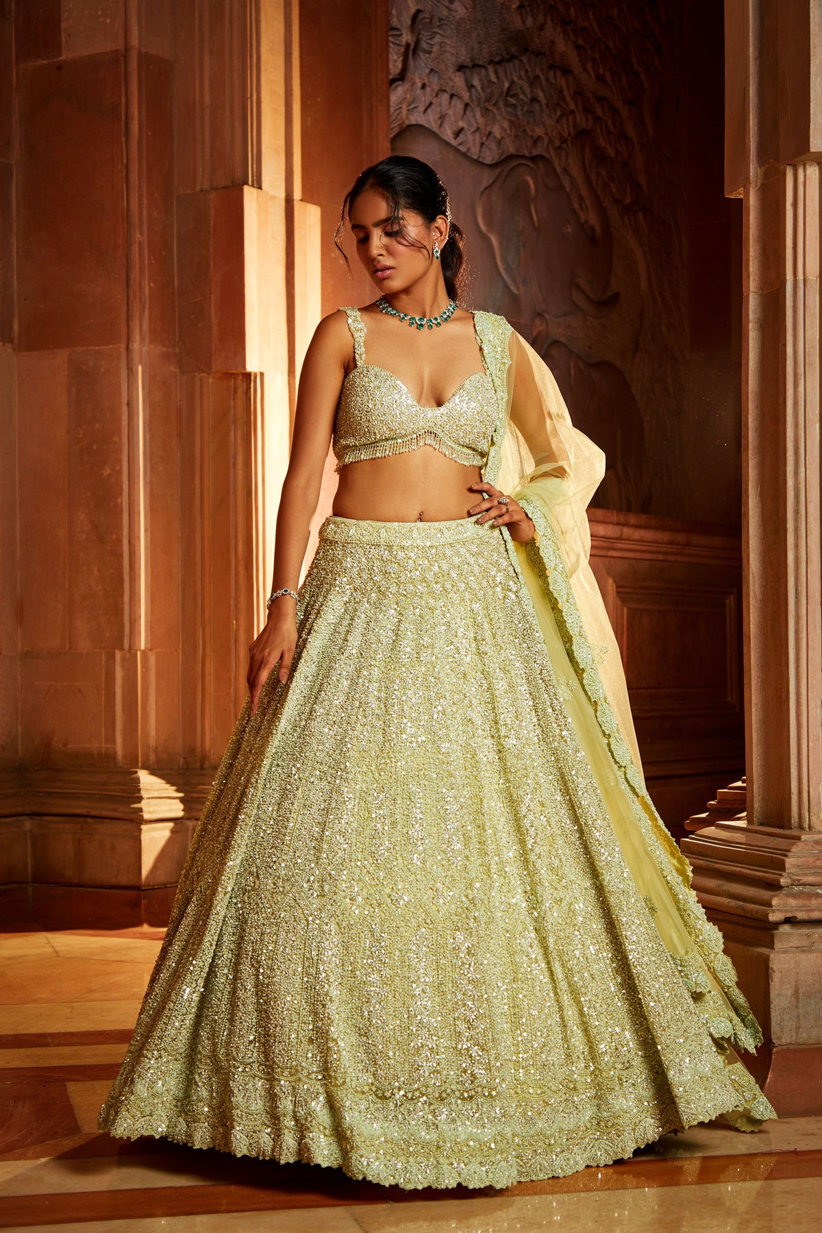 Lime Green Tulle Lehenga Set