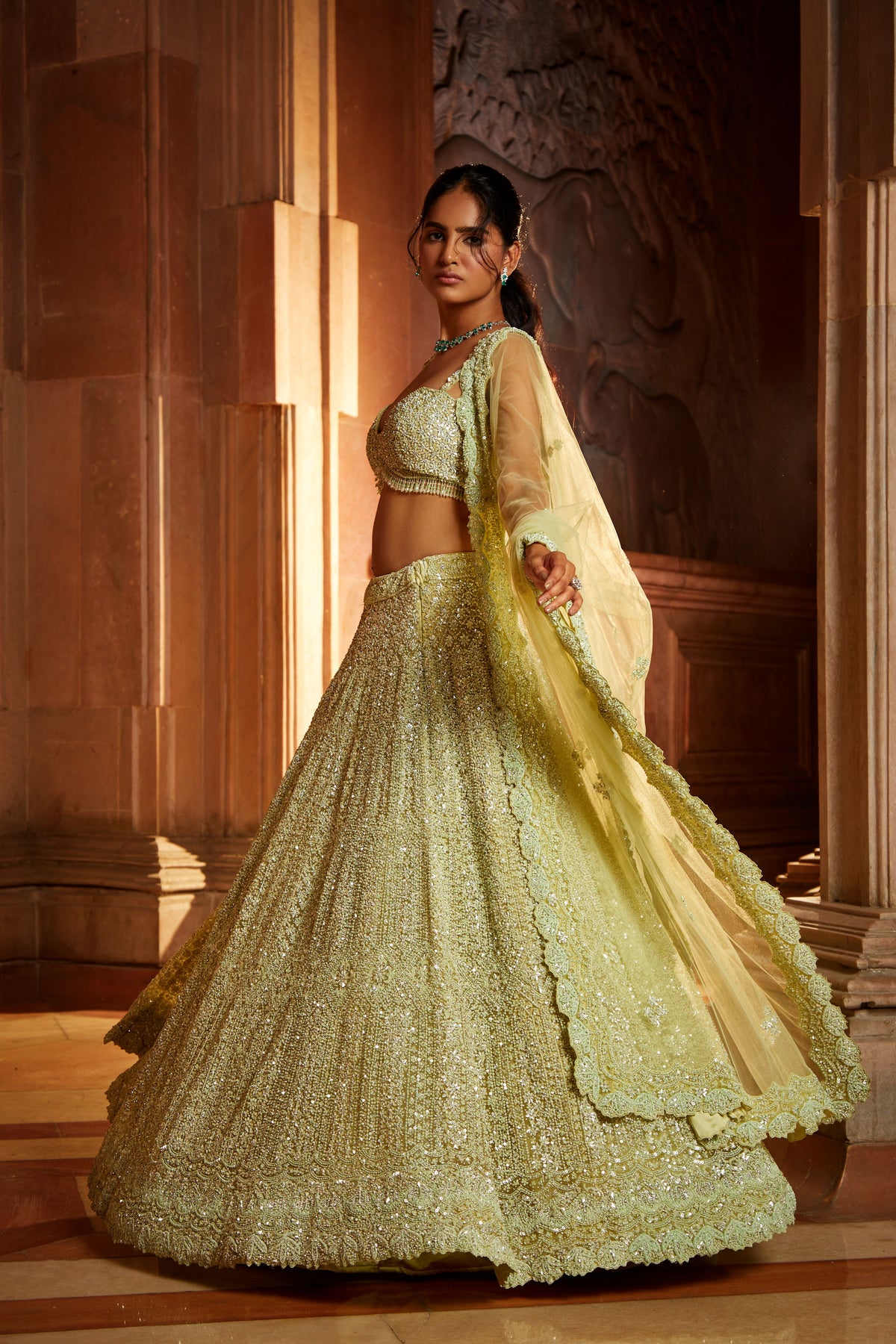 Lime Green Tulle Lehenga Set