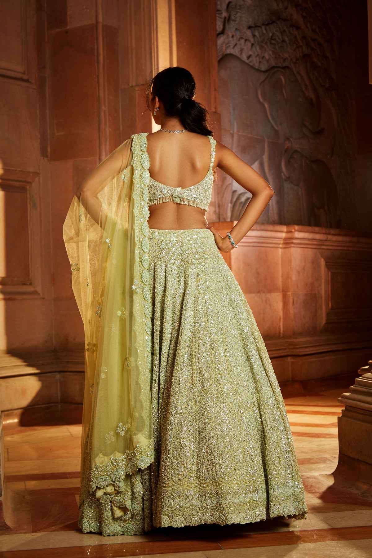 Lime Green Tulle Lehenga Set