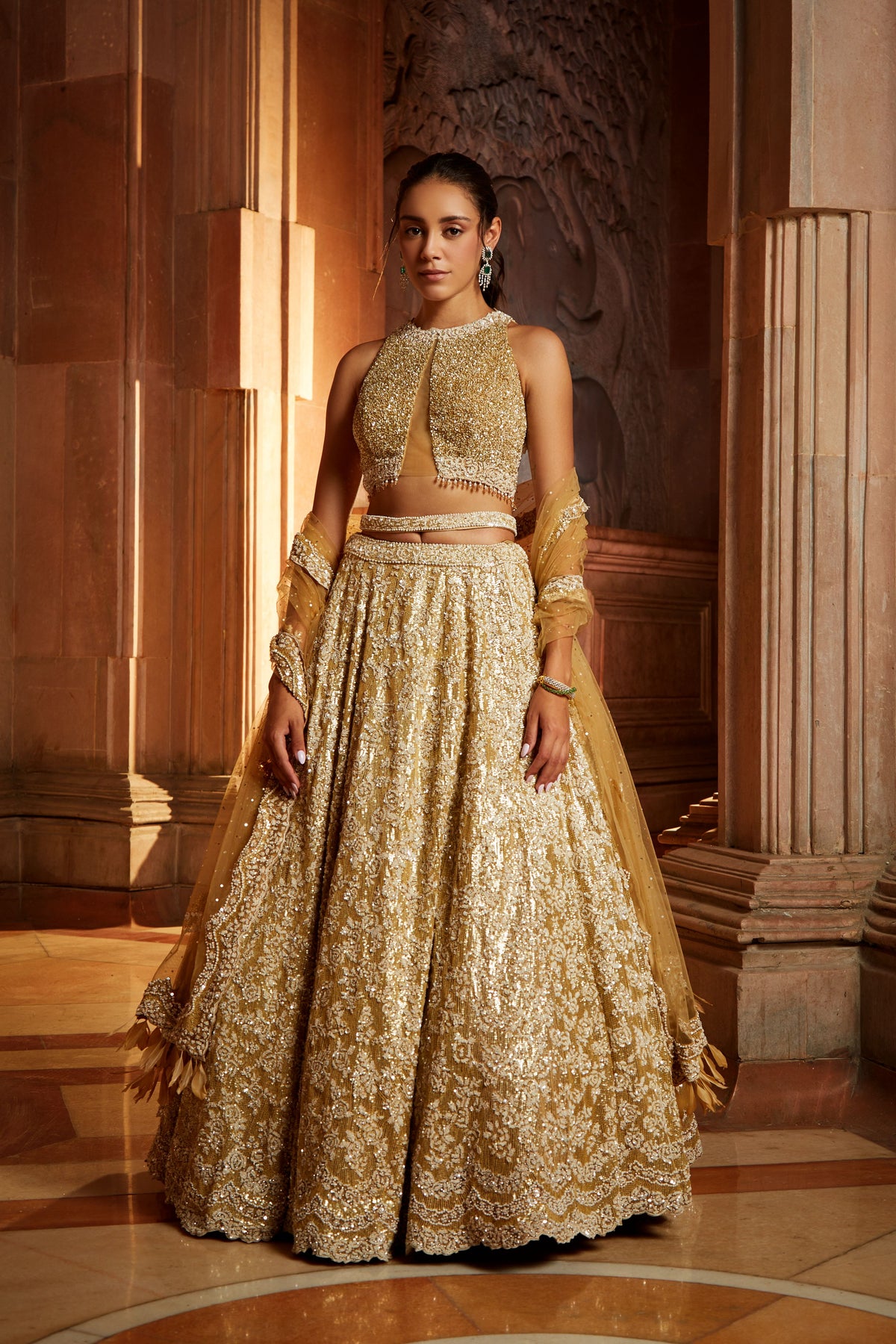 Gold Tulle Lehenga Choli Set