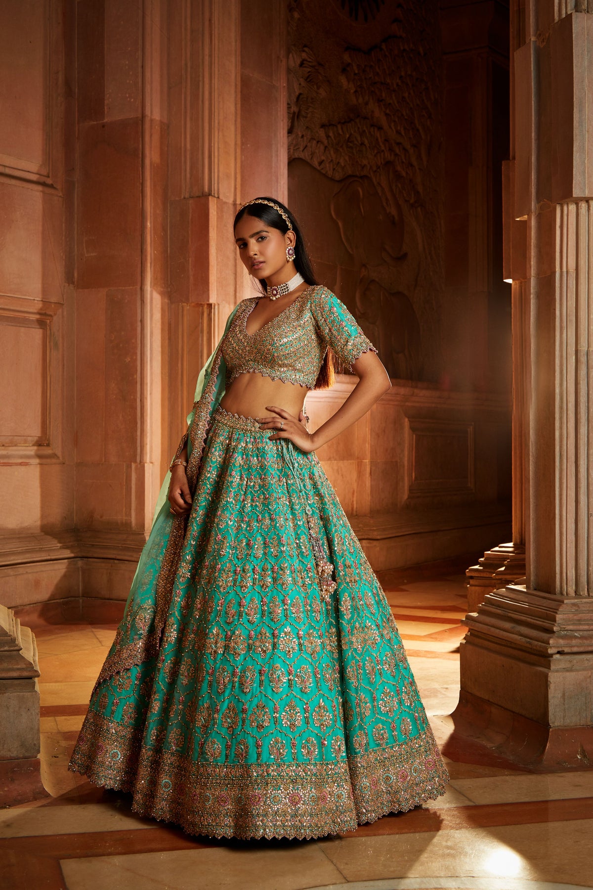 Teal Green Organza Lehenga Set