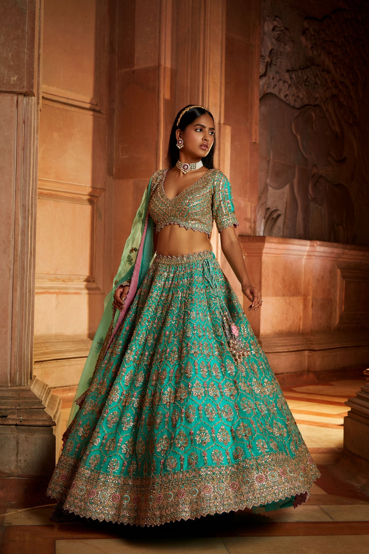 Teal Green Organza Lehenga Set