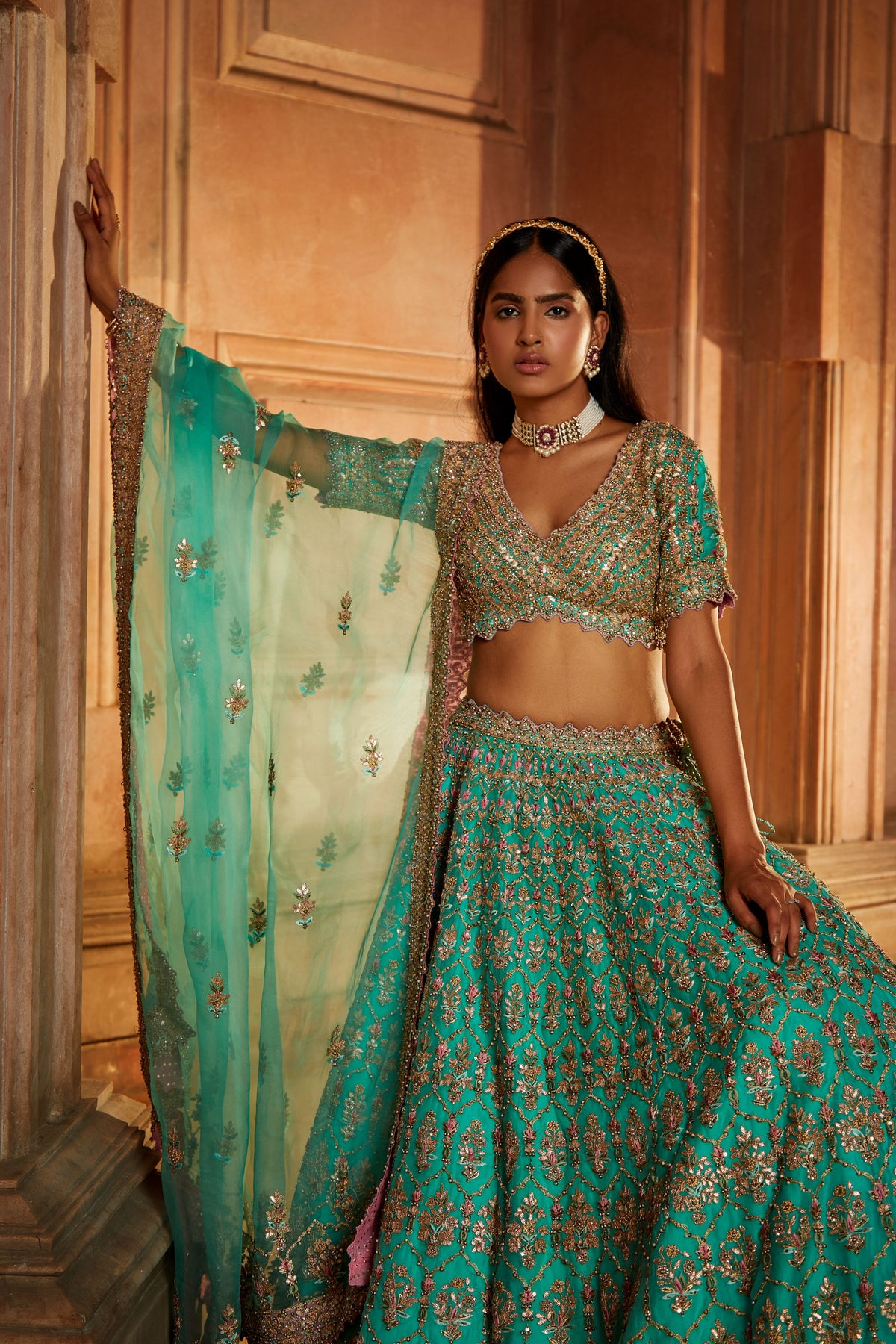 Teal Green Organza Lehenga Set