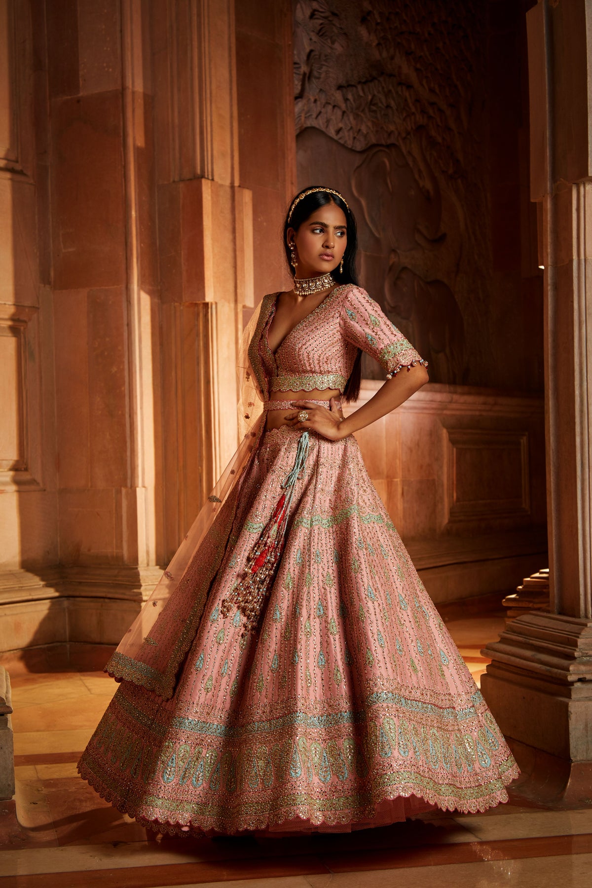 Peach Tafetta Lehenga Choli Set