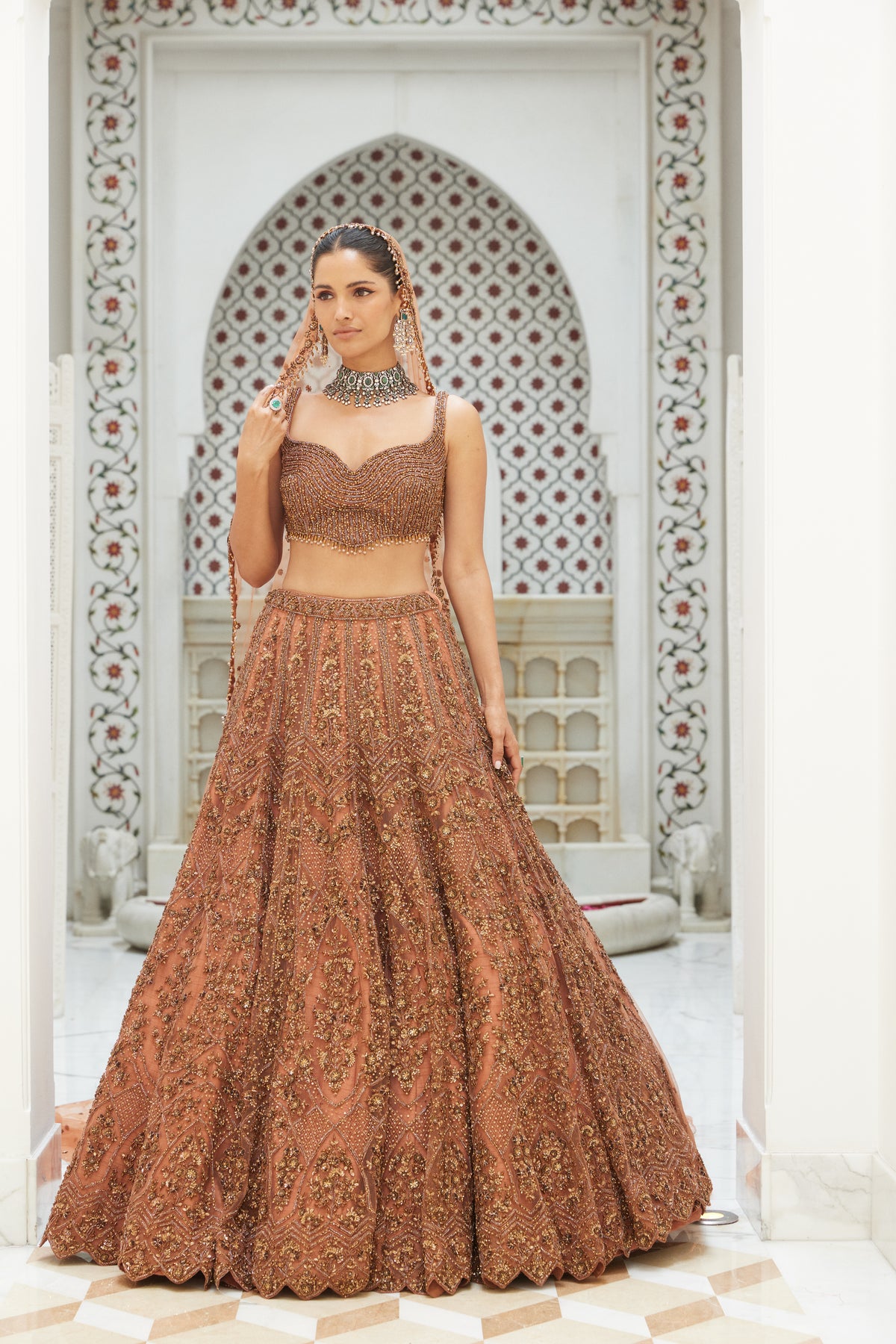 Copper Net Lehenga With Veil