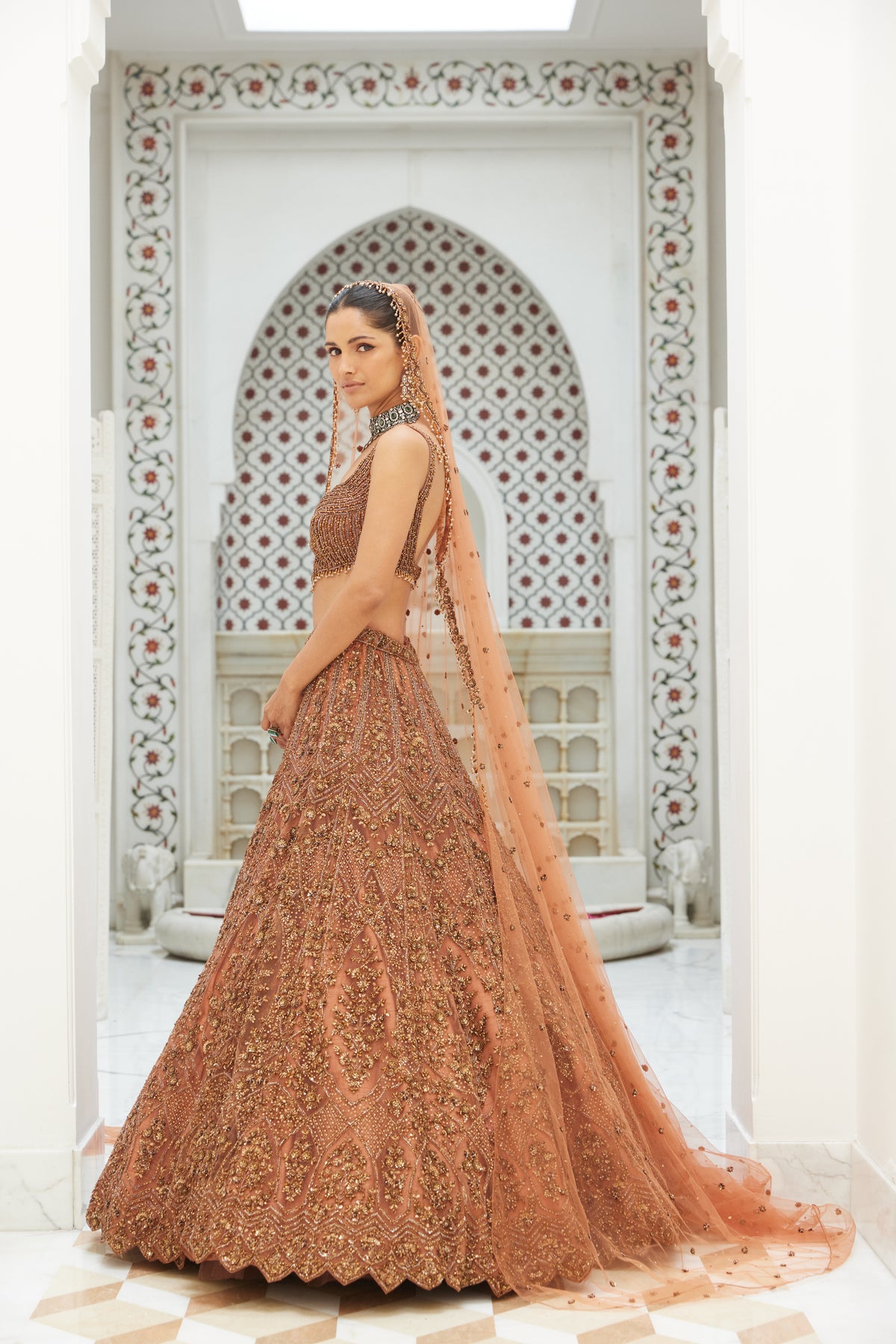 Copper Net Lehenga With Veil