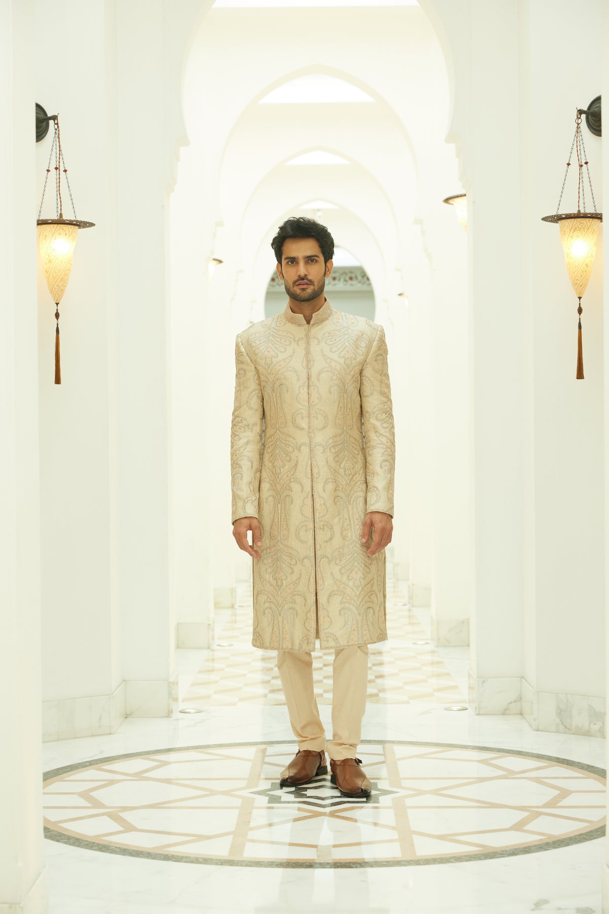 Beige Sherwani Kurta Trouser Set