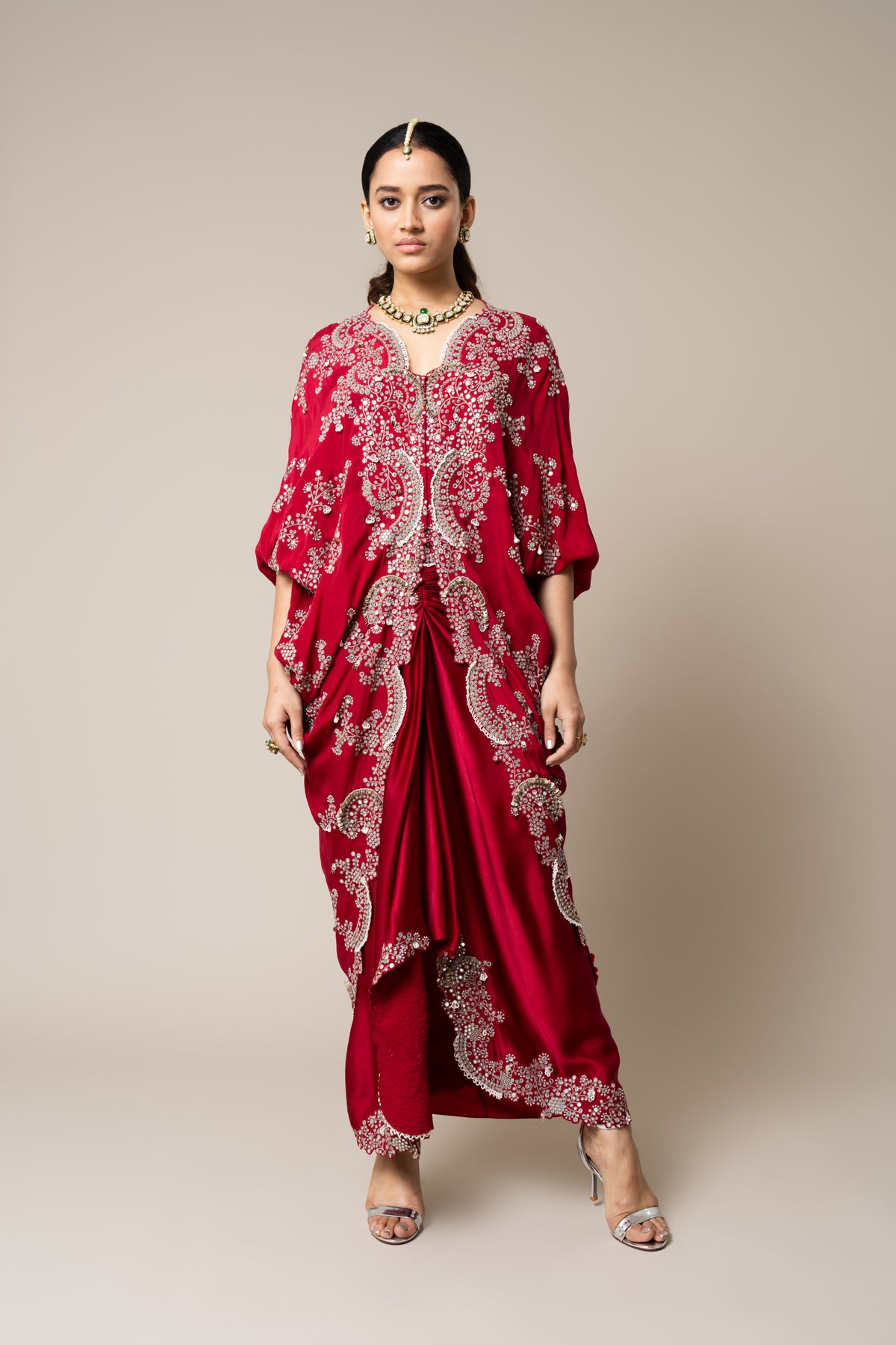 Burgundy Long Embroidered Cape Set