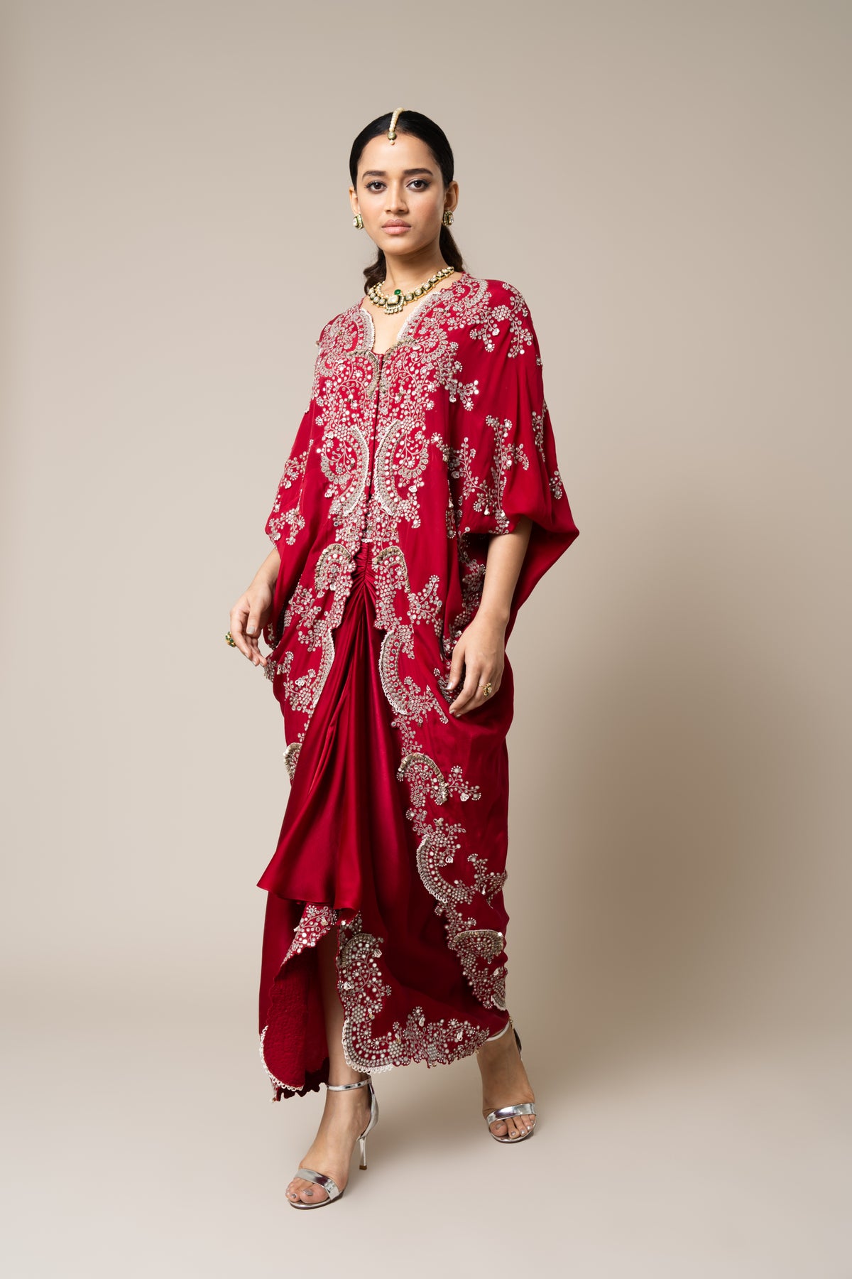 Burgundy Long Embroidered Cape Set