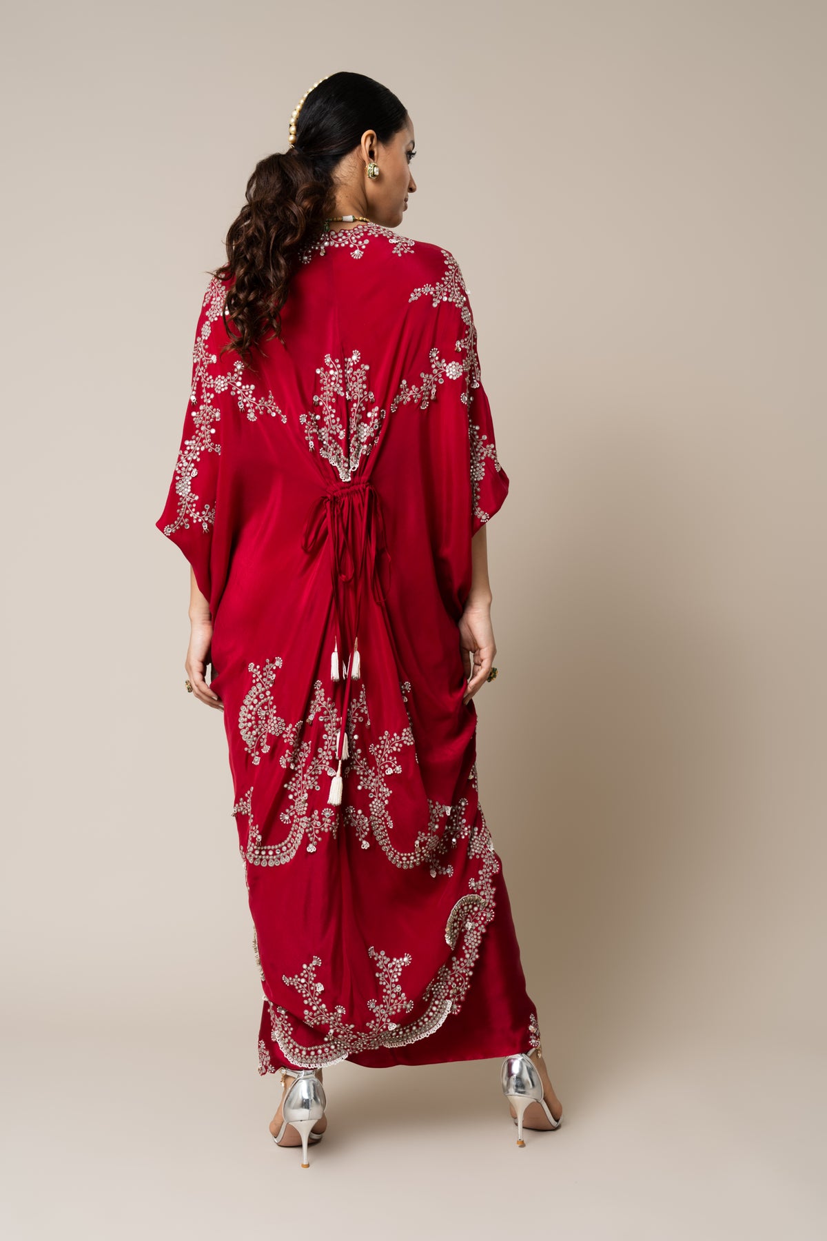 Burgundy Long Embroidered Cape Set