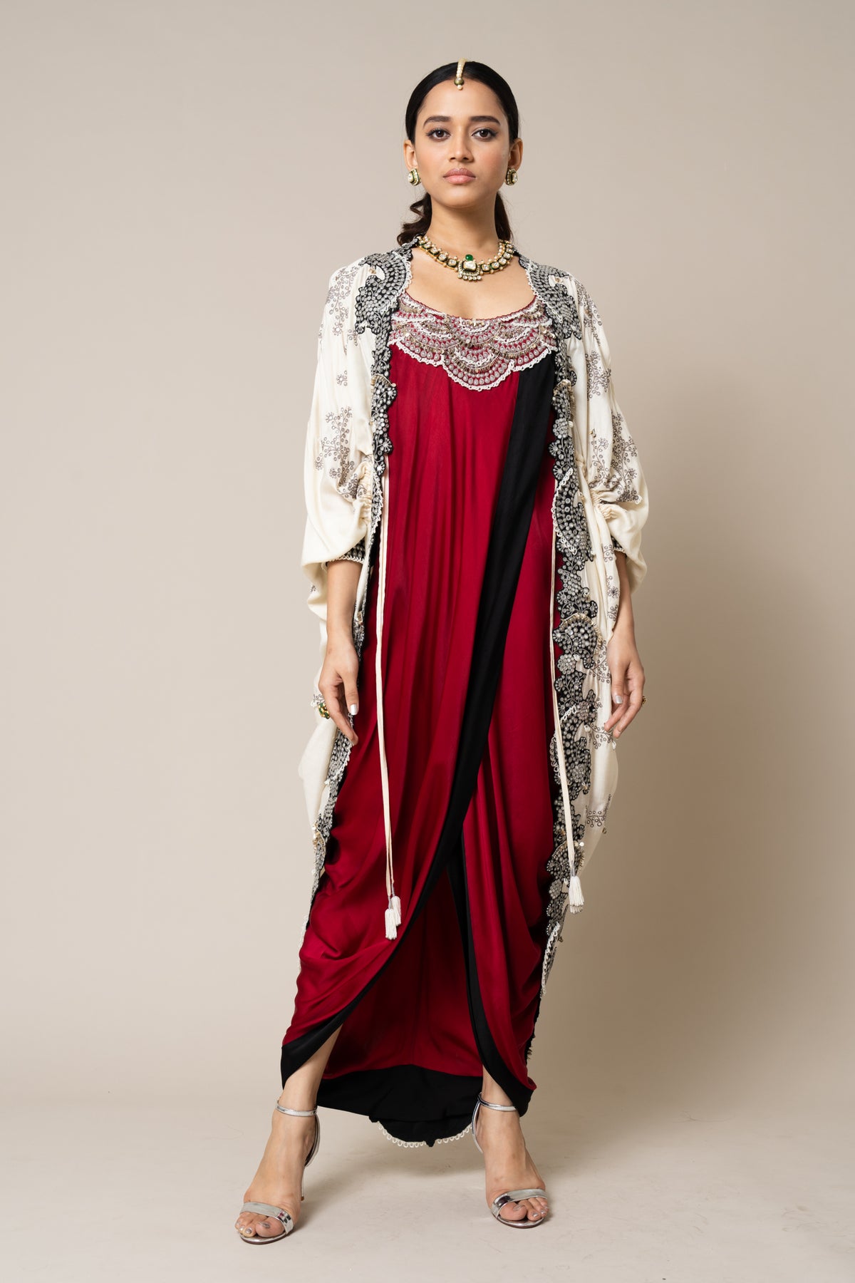 Off-white &amp; Burgundy Gather Cape Set