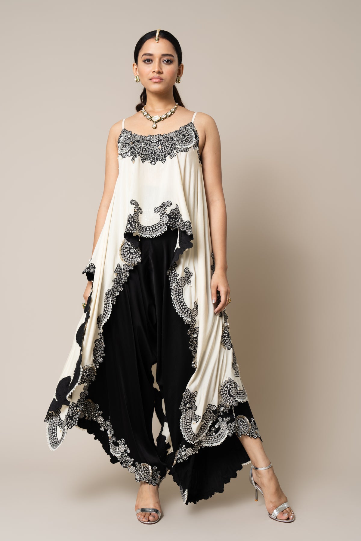 Off-white &amp; Black Heavy Embroidered Co-ord Set
