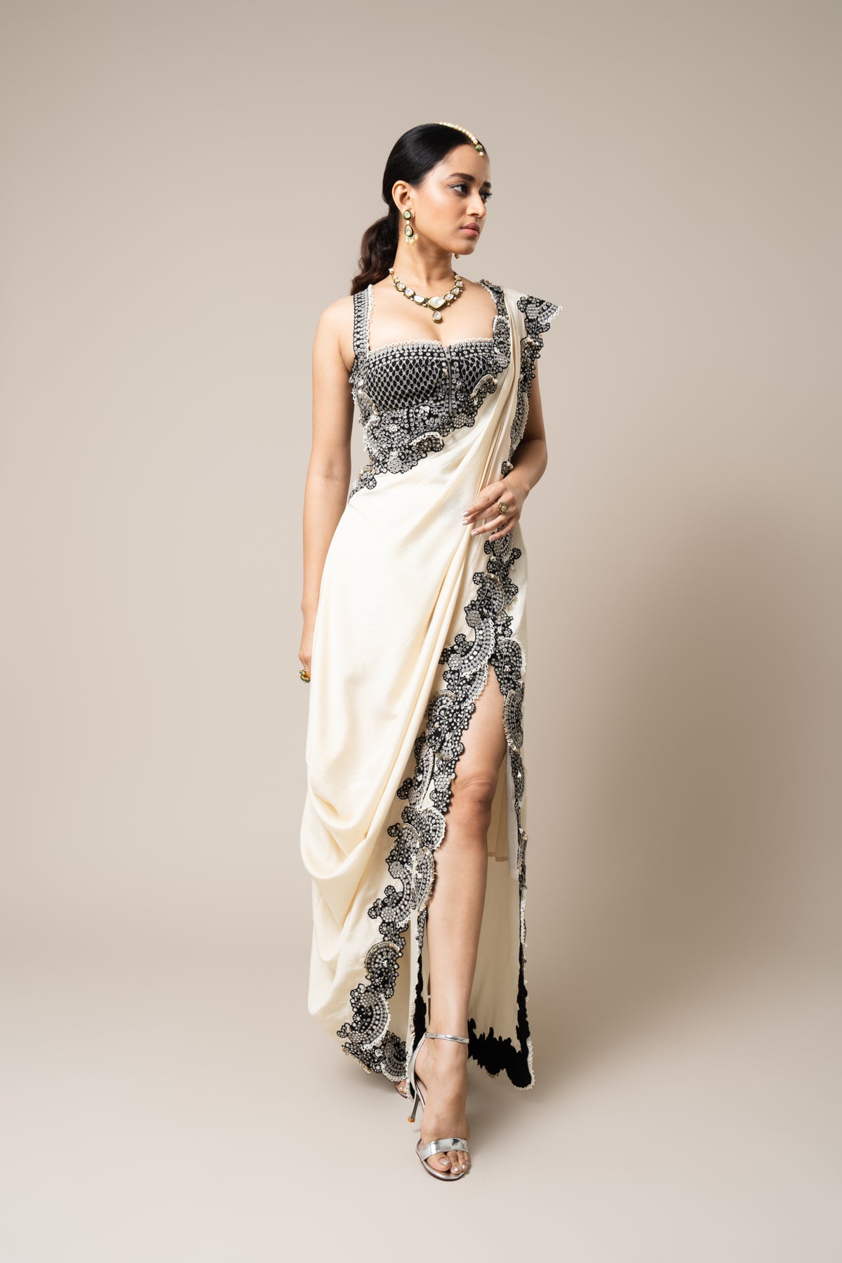 Off-white &amp; Black Pre-draped Sari Set