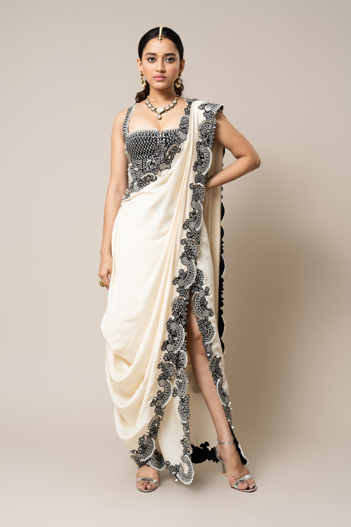 Off-white &amp; Black Pre-draped Sari Set