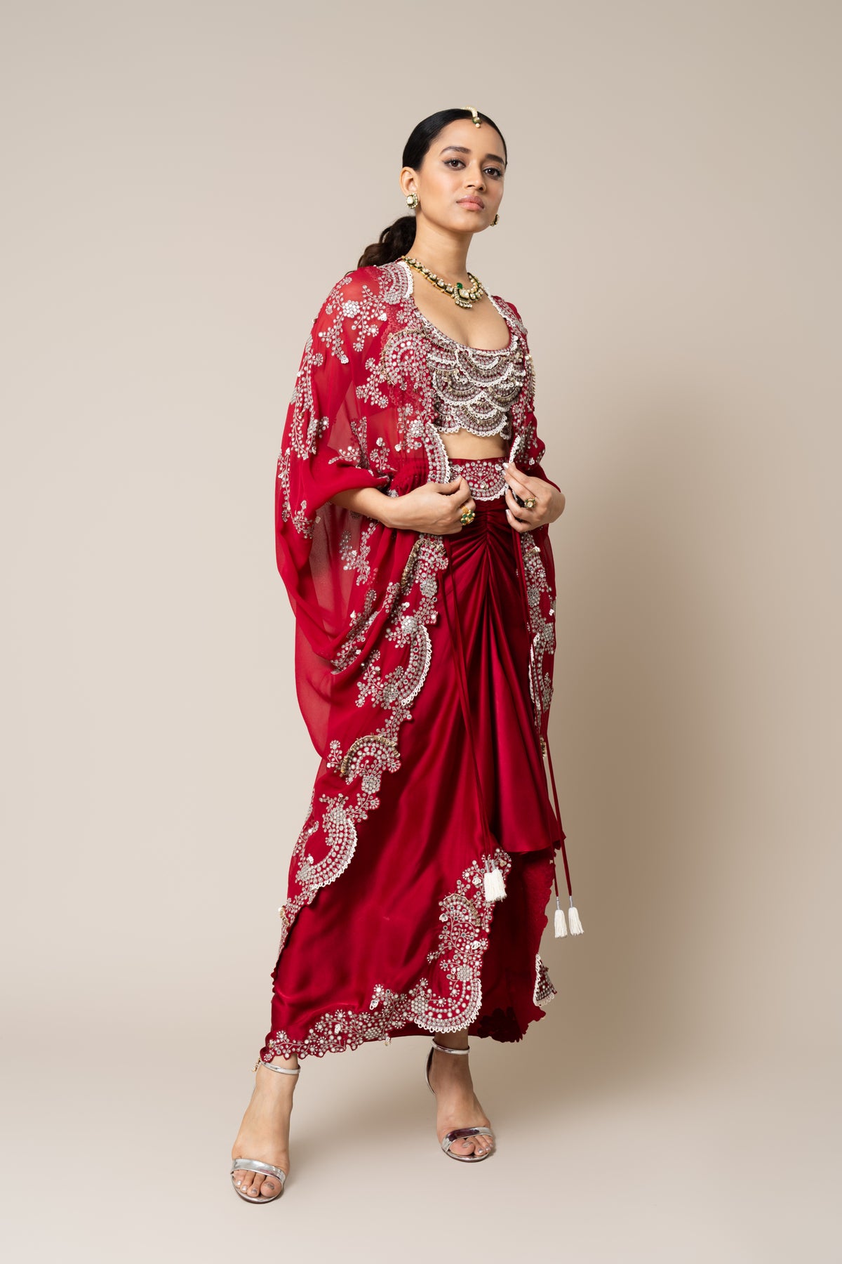 Burgundy Heavy Embroidered Cape Set