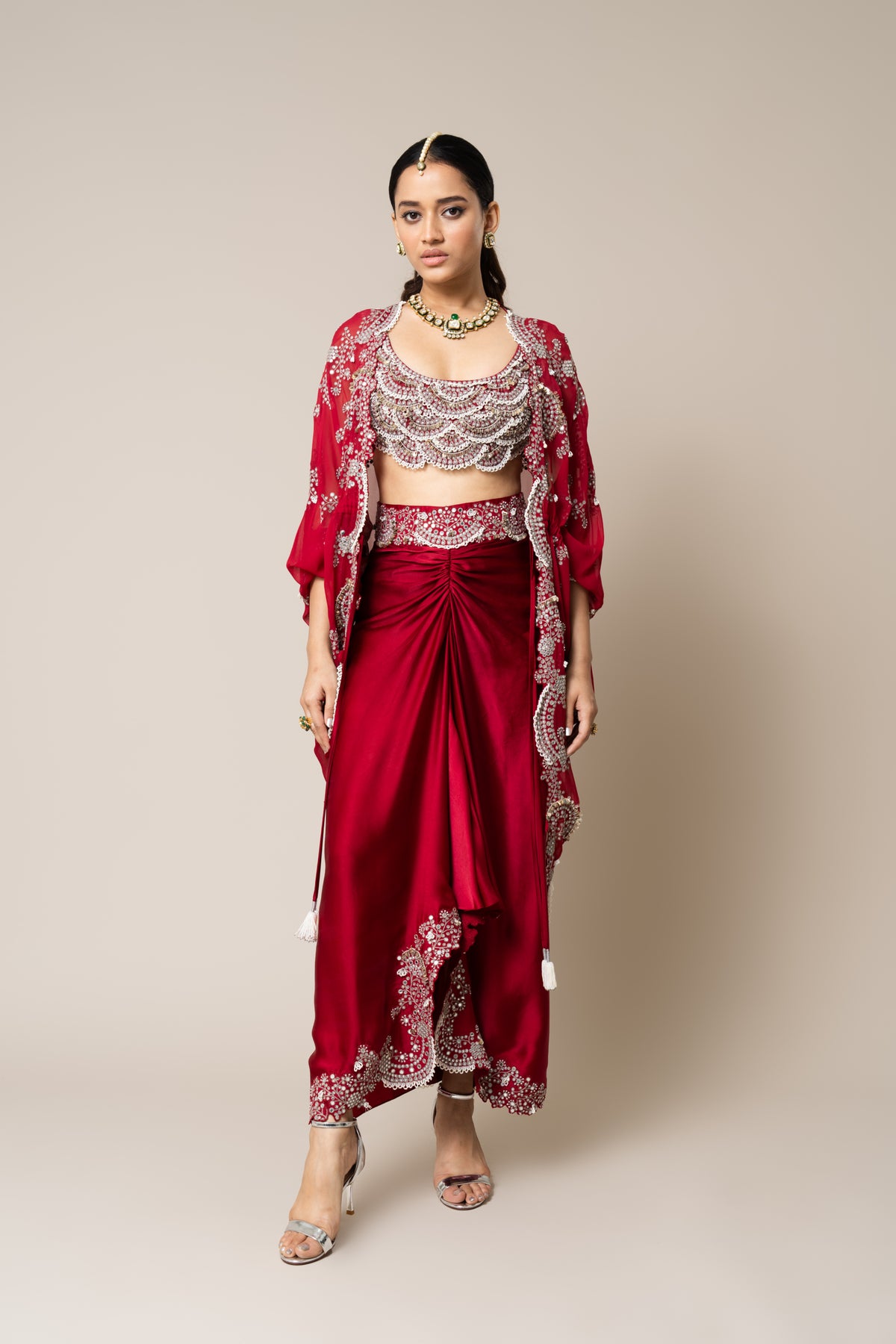 Burgundy Heavy Embroidered Cape Set