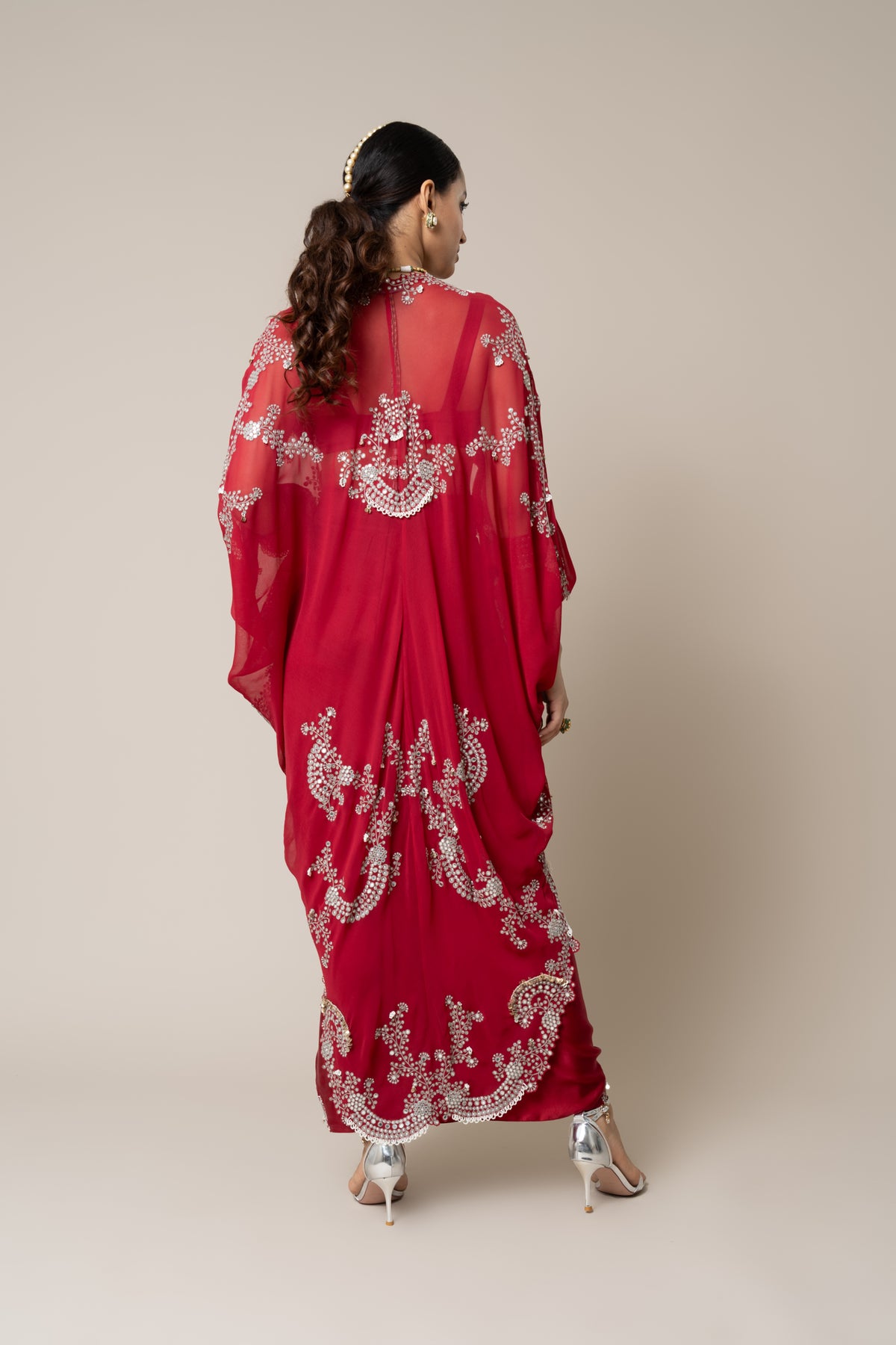 Burgundy Heavy Embroidered Cape Set