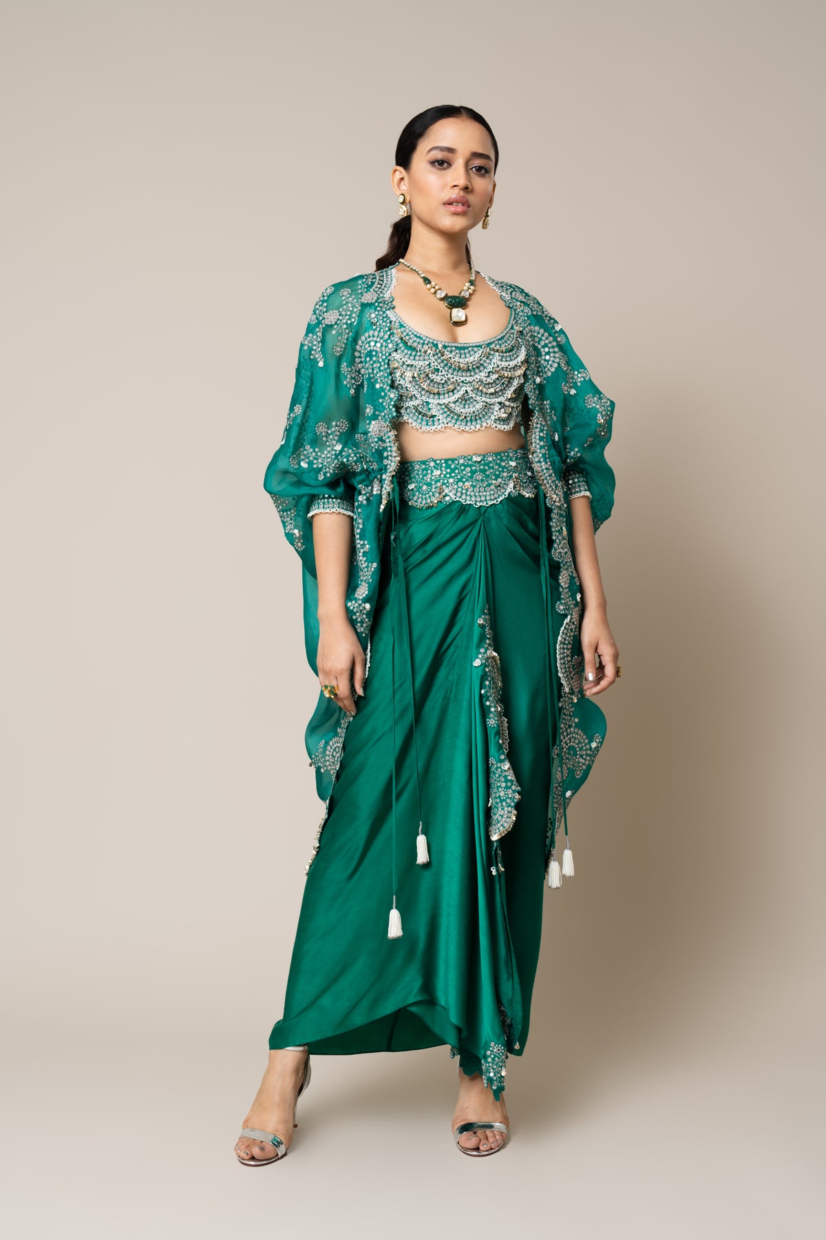 Sea Green  Embroidered Cape Set
