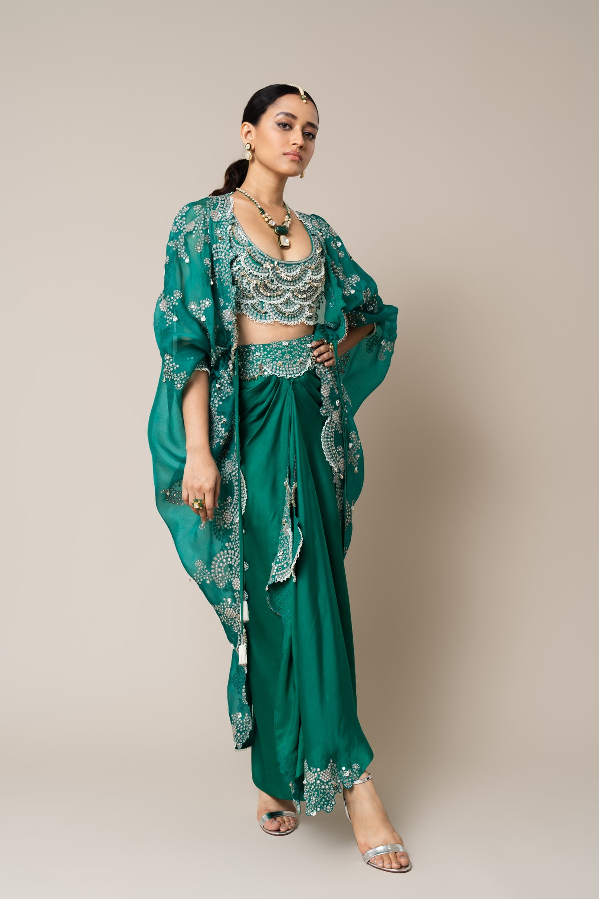 Sea Green  Embroidered Cape Set