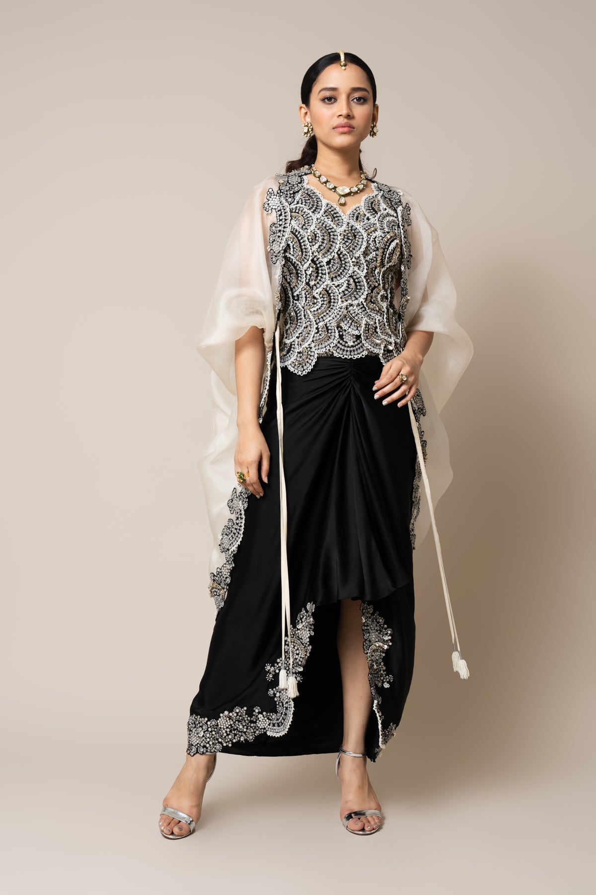 Off-white &amp; Black Embroidered Waist-coat Set