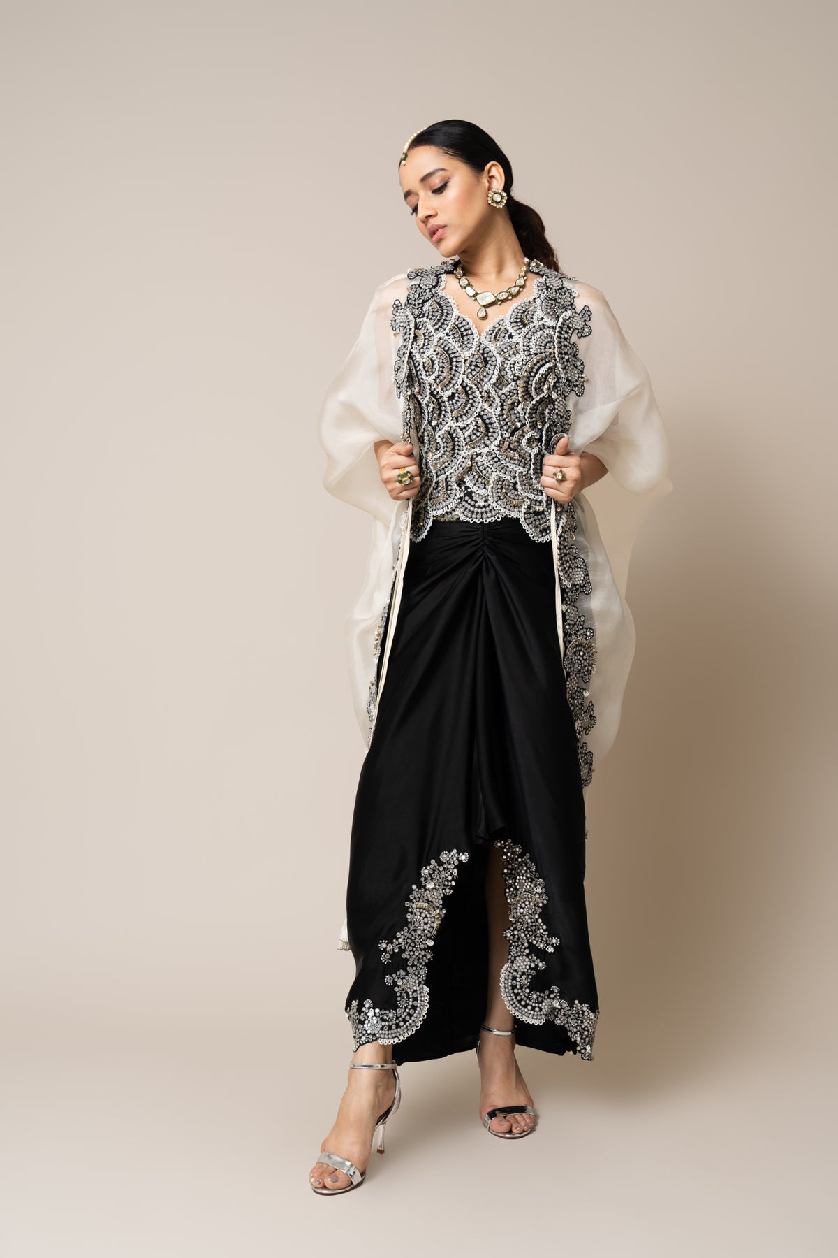 Off-white &amp; Black Embroidered Waist-coat Set