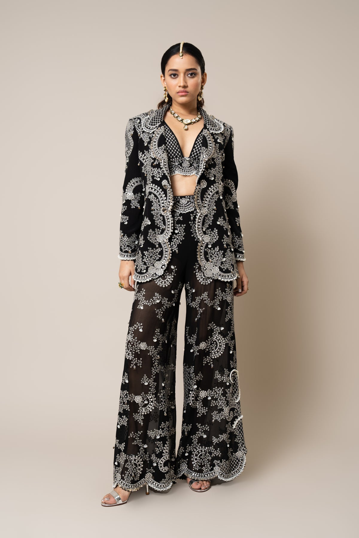 Black Embroidered Blazer Set