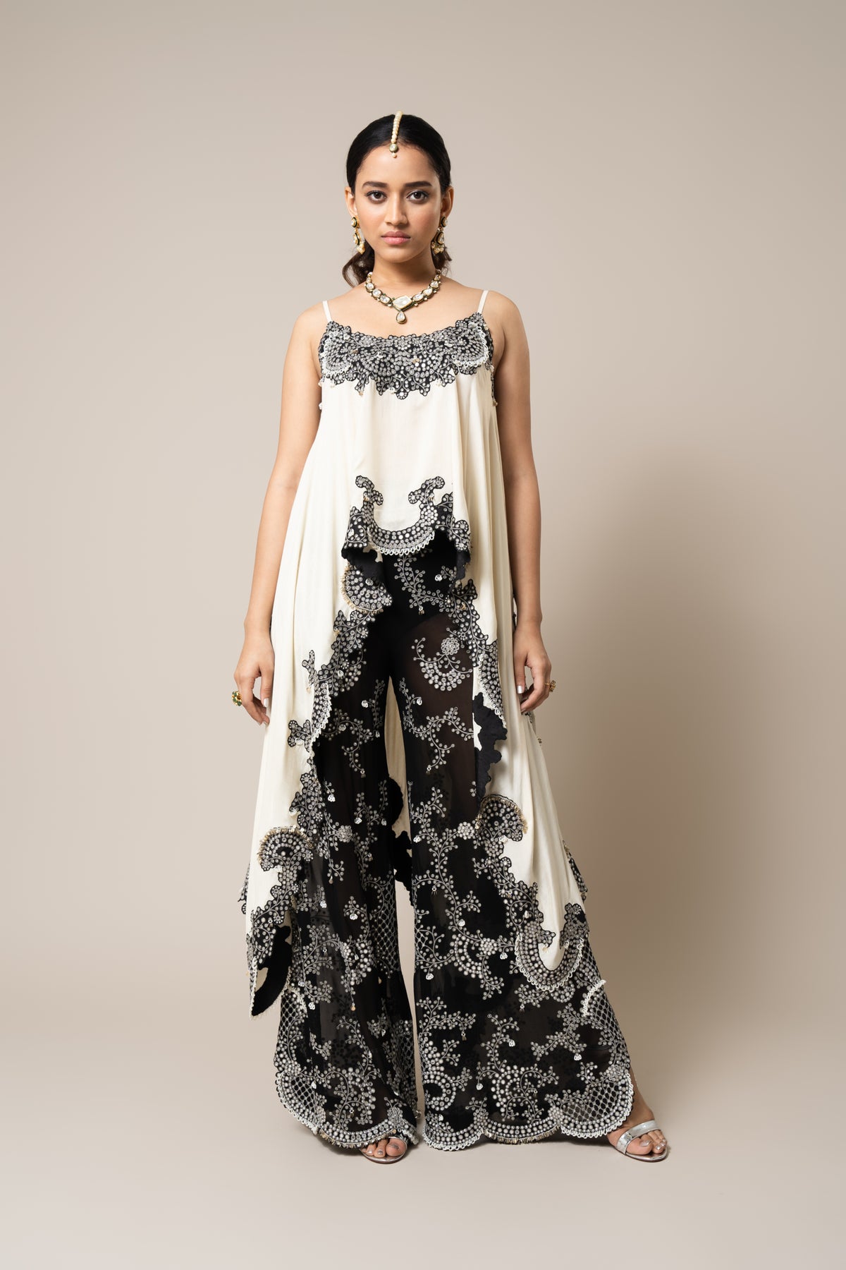 Off-white &amp; Black Heavy Embroidered Co-ord Set