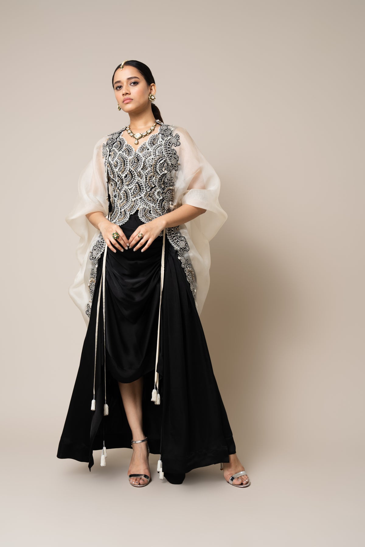 Off-white &amp; Black Heavy Embroidered Cape Set