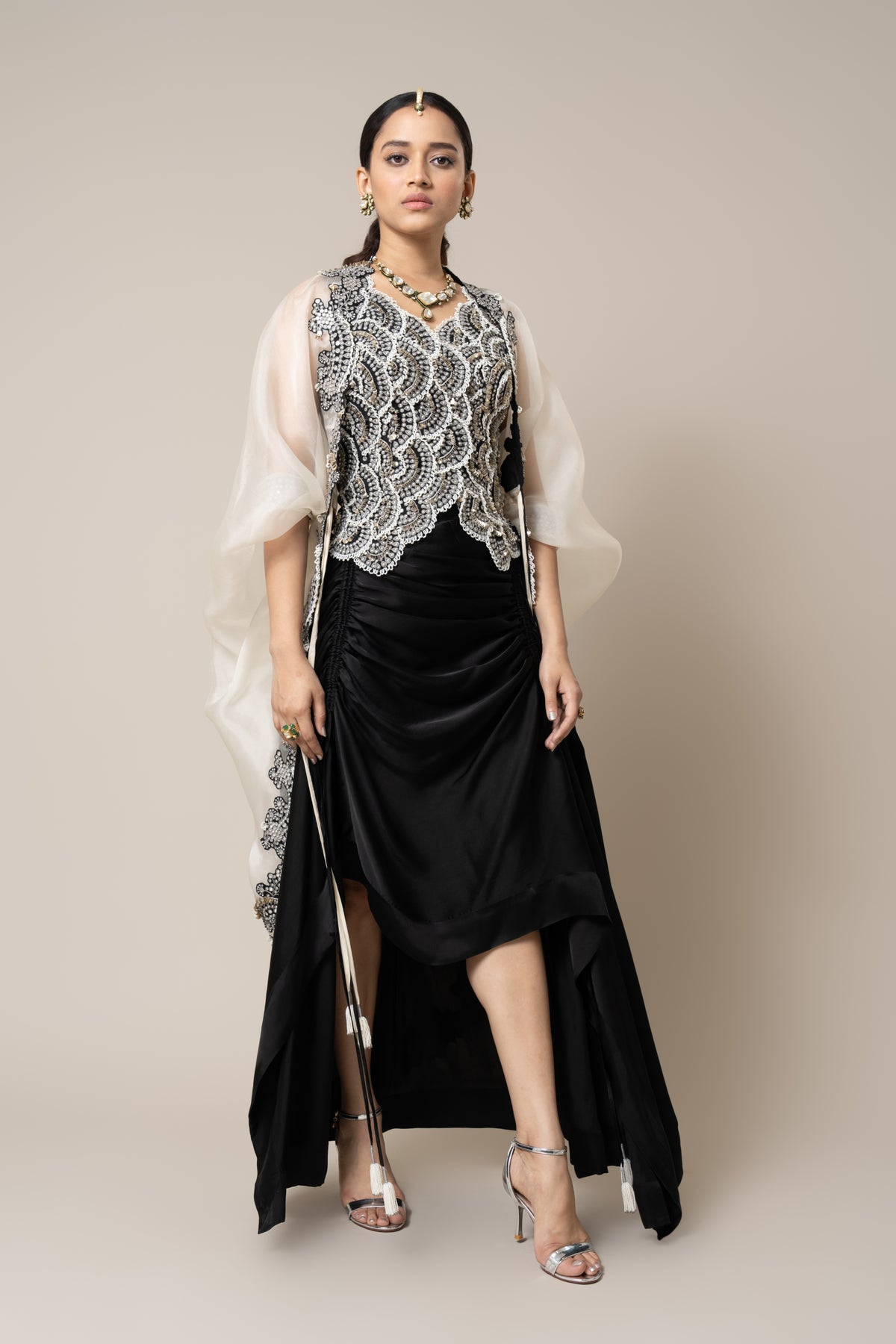 Off-white &amp; Black Heavy Embroidered Cape Set