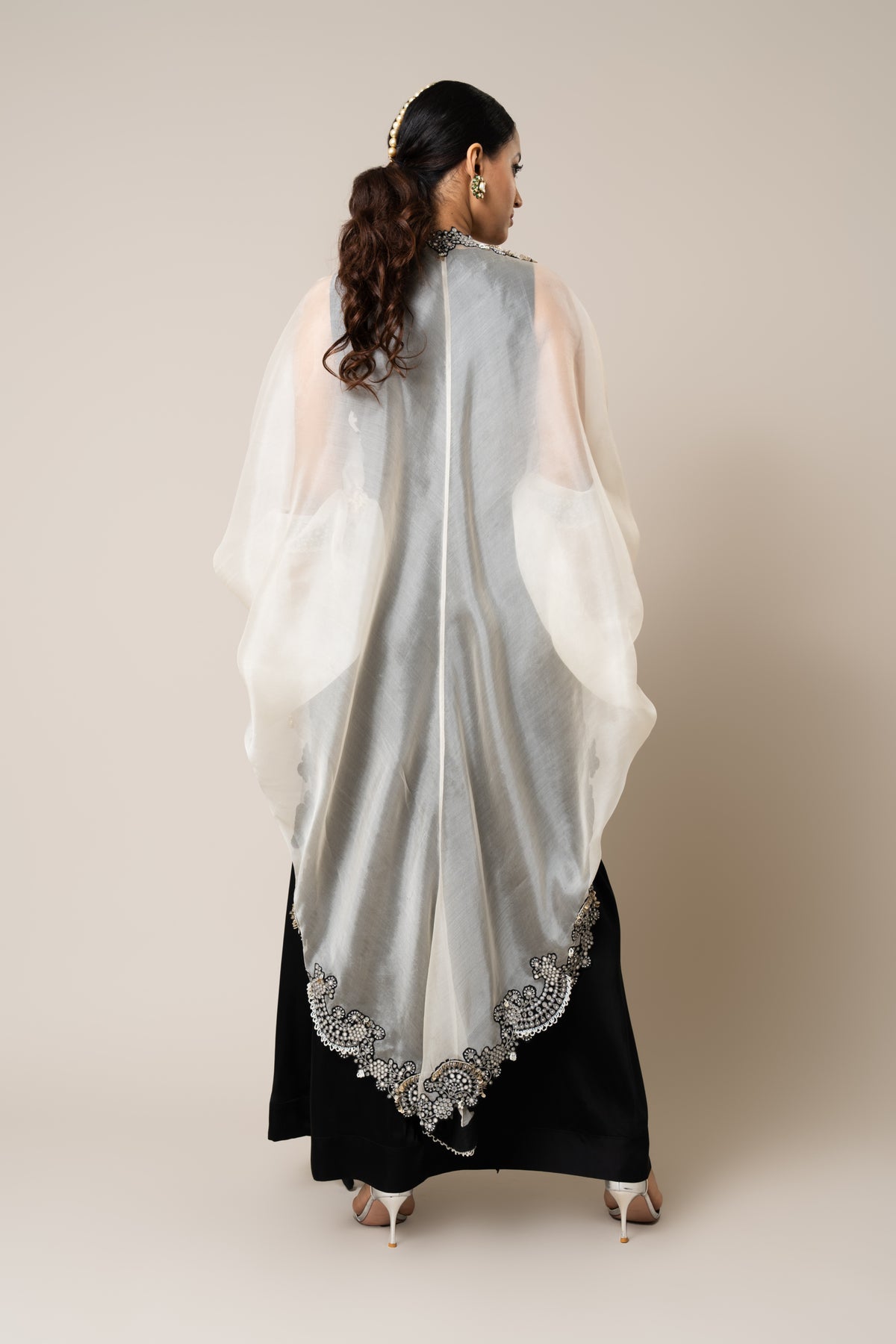 Off-white &amp; Black Heavy Embroidered Cape Set
