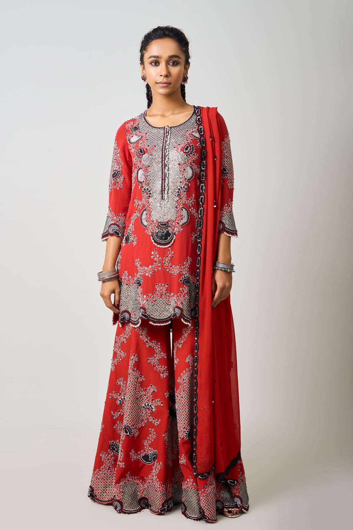 Rust Orange Embroidered Sharara Set