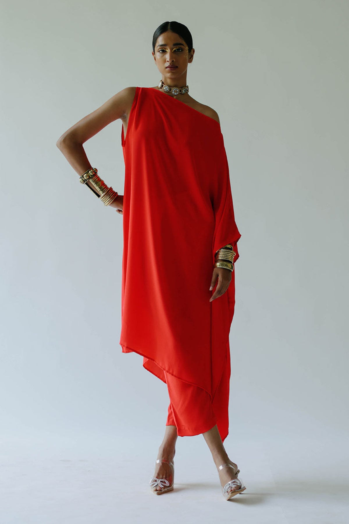 Olivia Red Asymmetric Kaftan Set