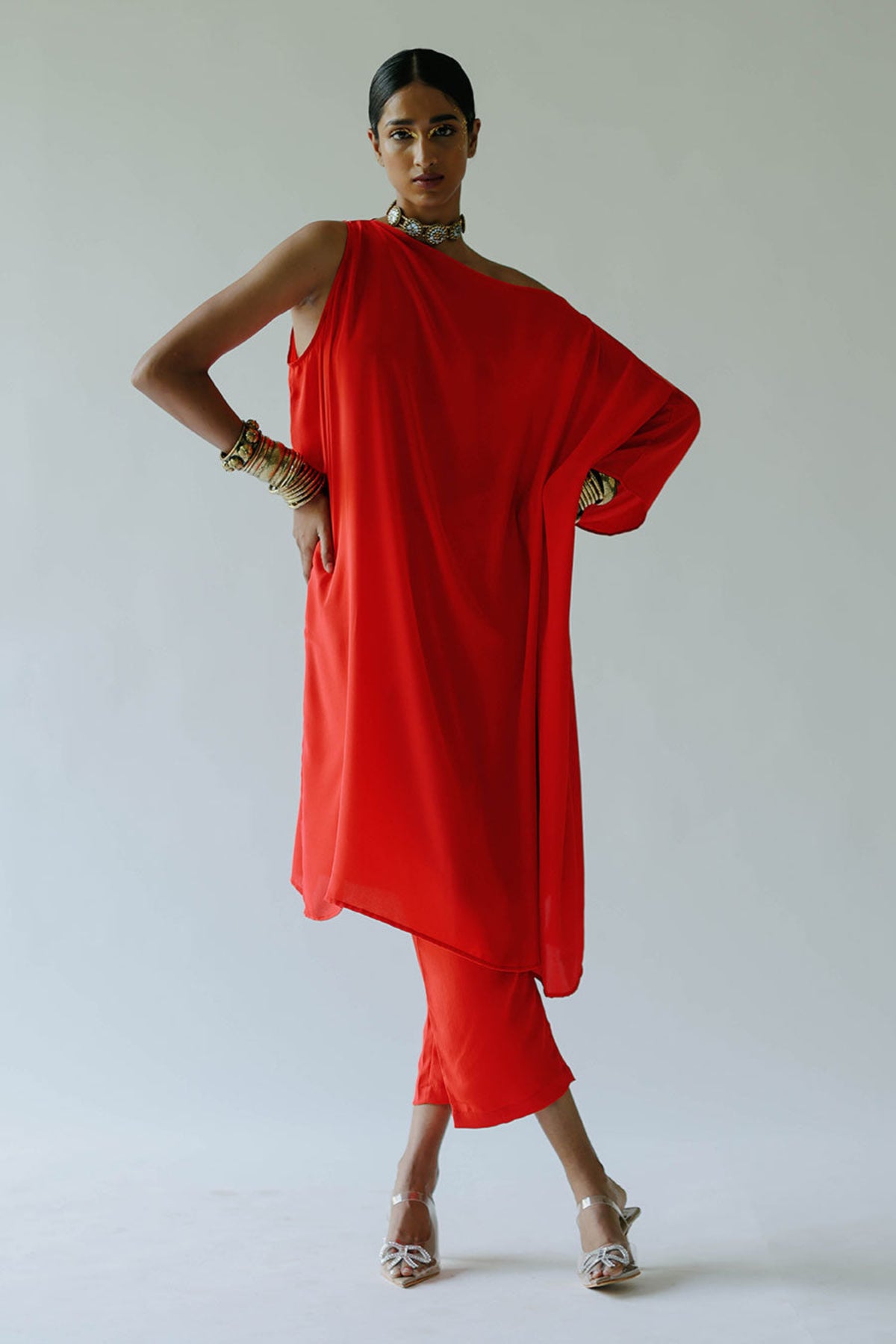 Olivia Red Asymmetric Kaftan Set
