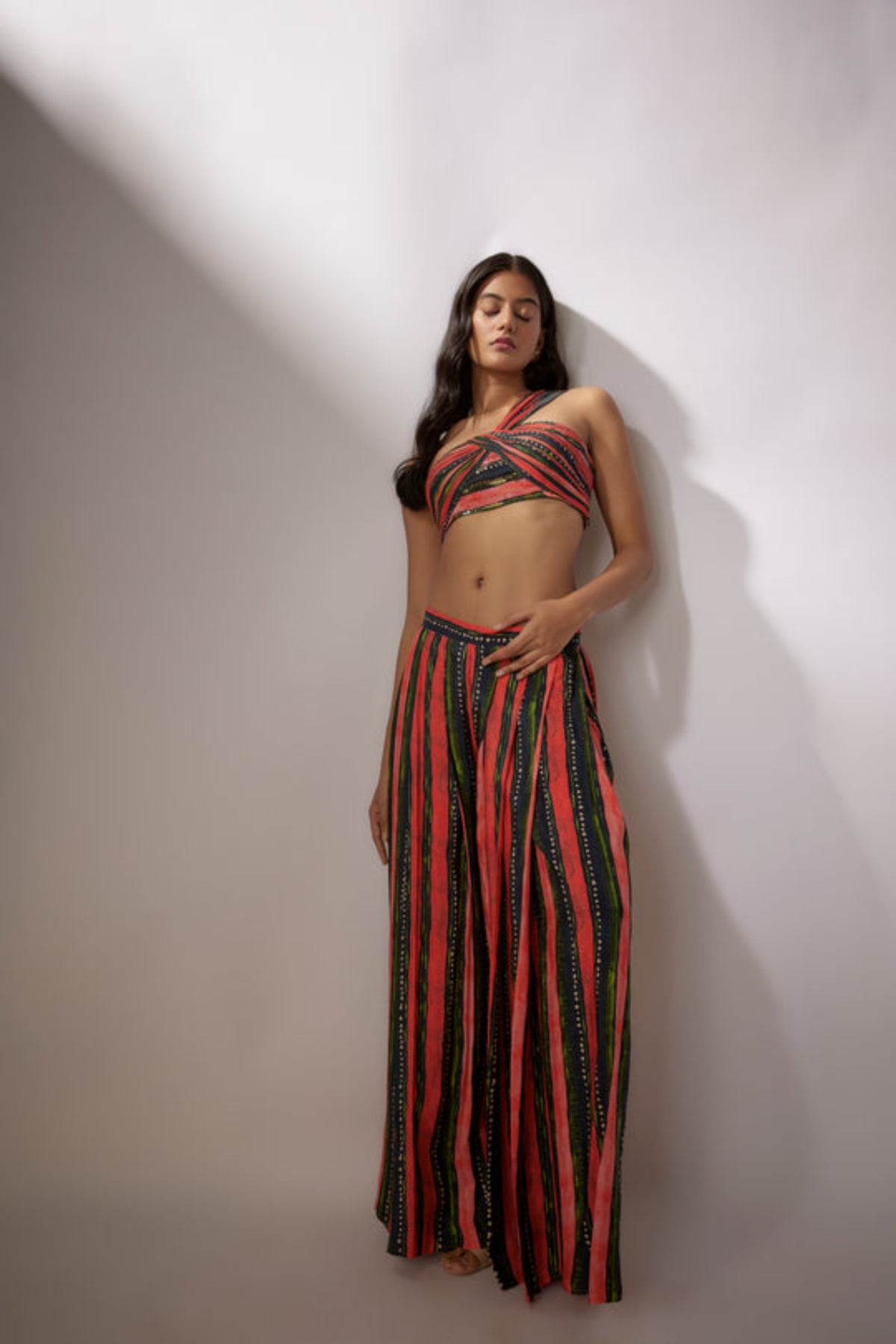 Navy Blue- Red Stripes Printed Blouse and Pants