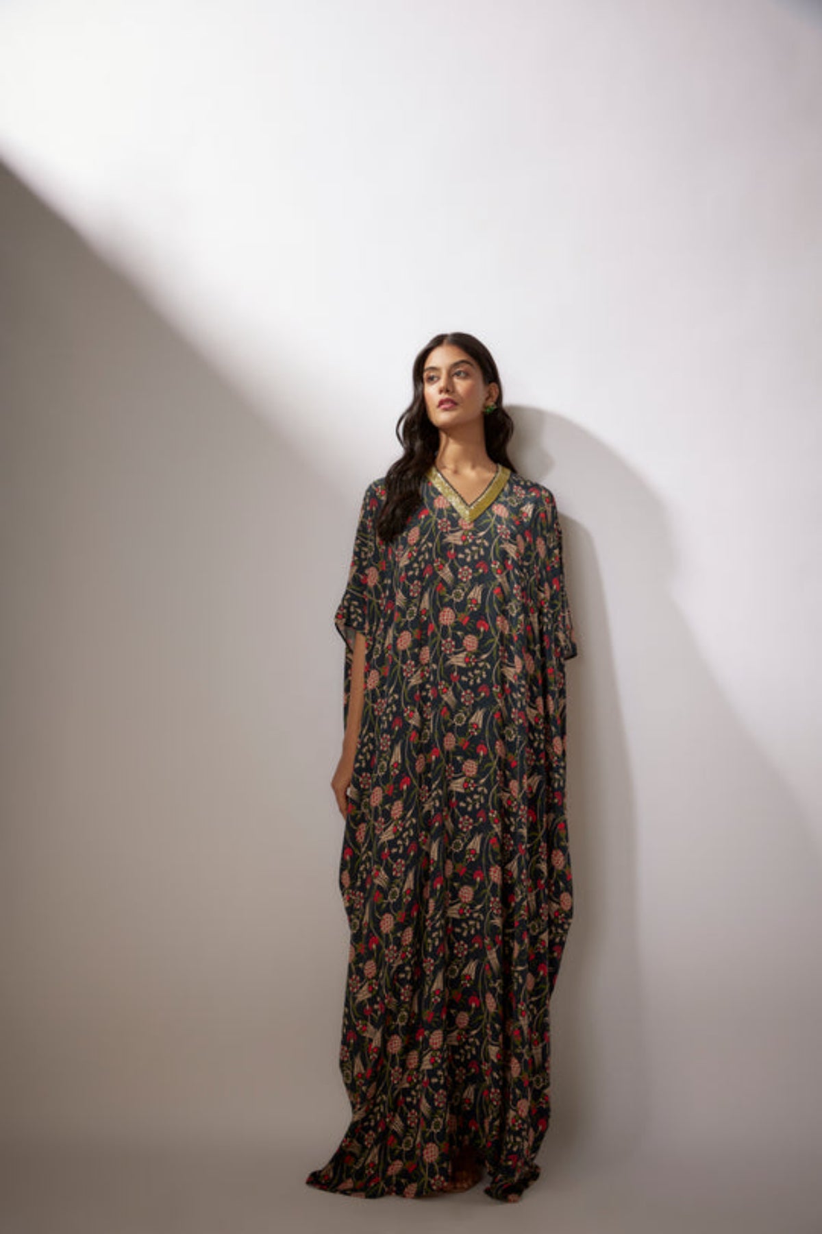 Embroidery Navy Blue Printed Kaftan