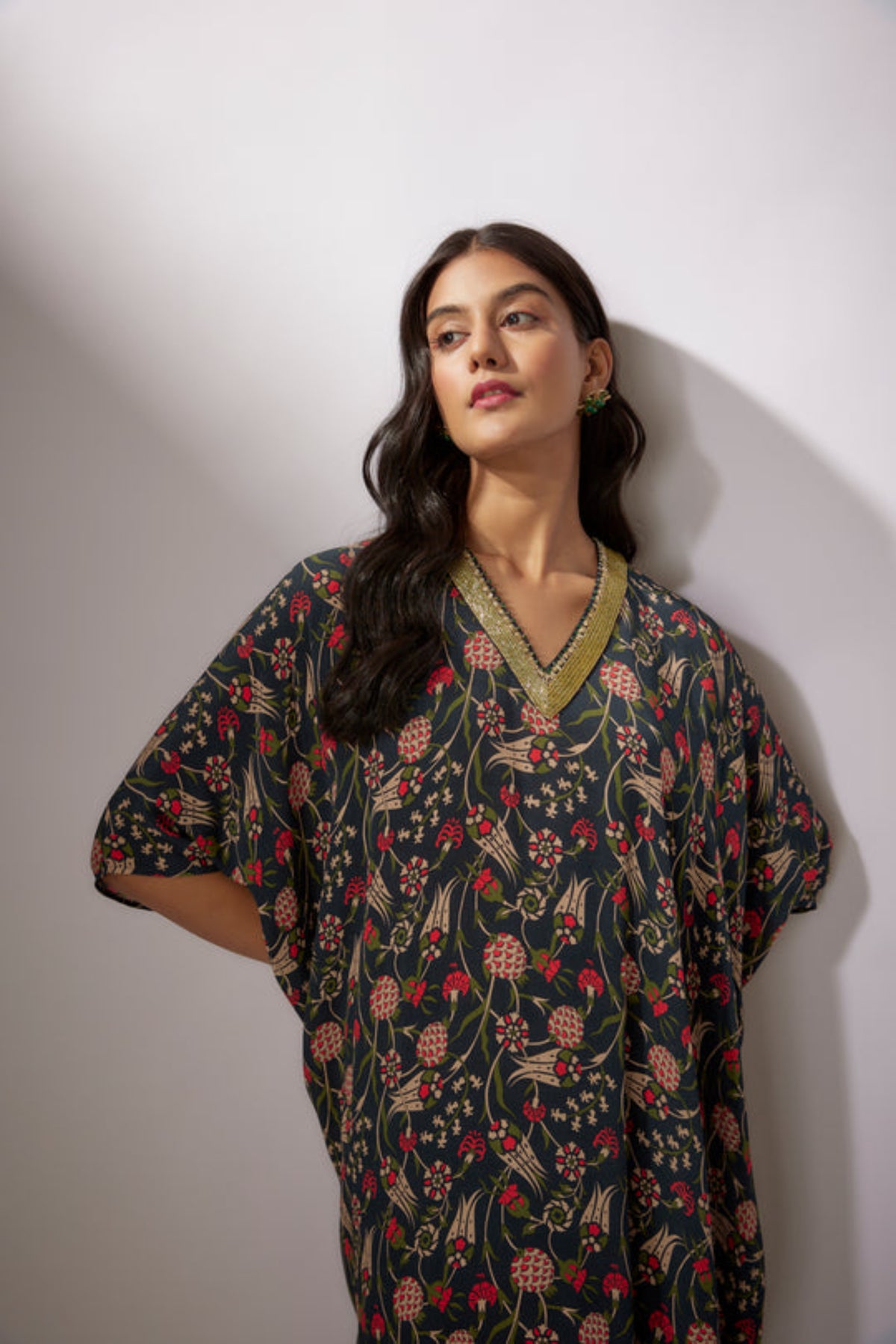 Embroidery Navy Blue Printed Kaftan