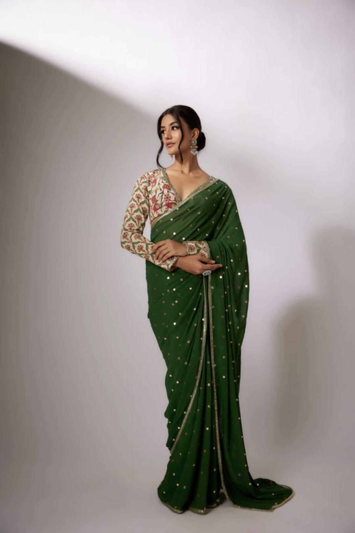 Beige-Green Printed Saree Set