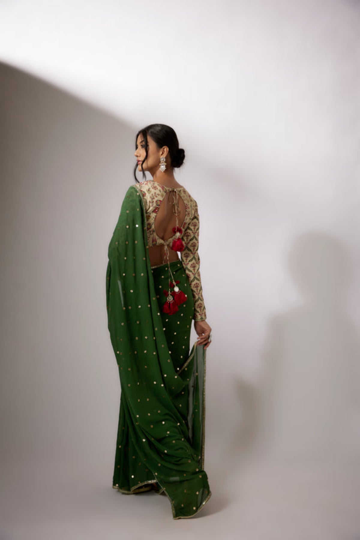Beige-Green Printed Saree Set