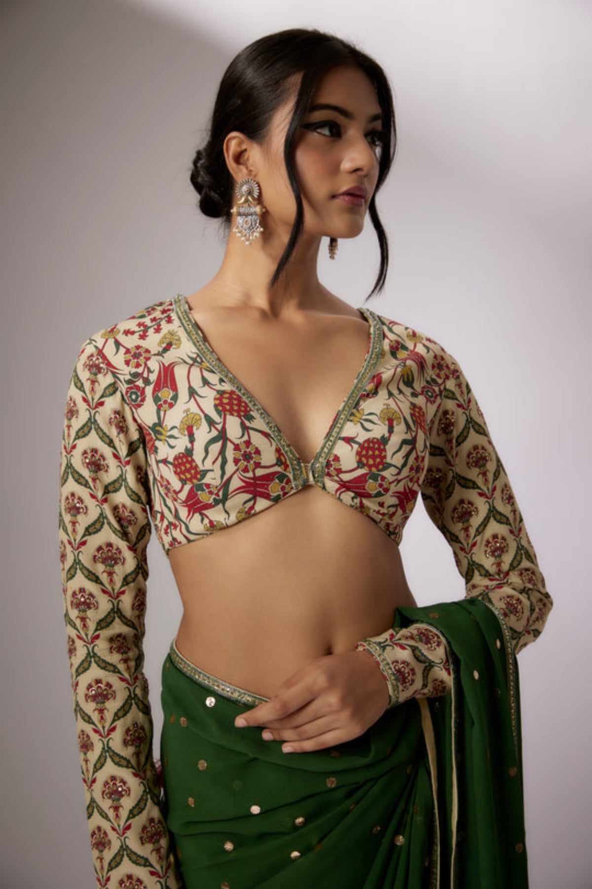 Beige-Green Printed Saree Set