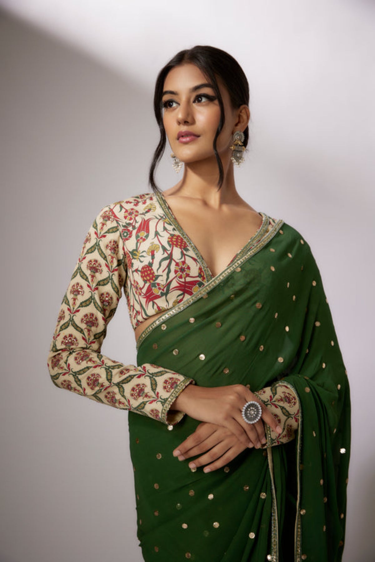 Beige-Green Printed Saree Set