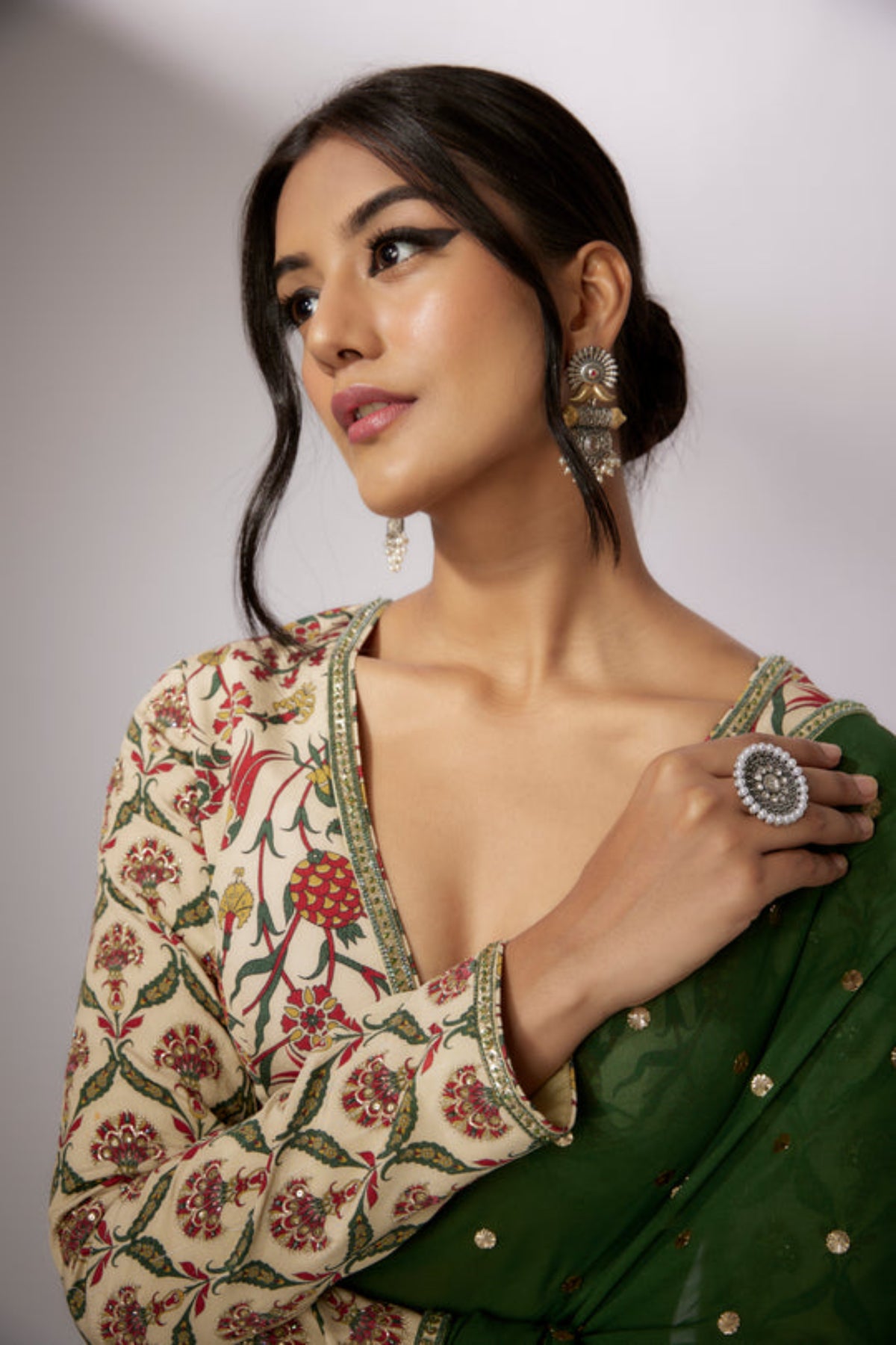 Beige-Green Printed Saree Set