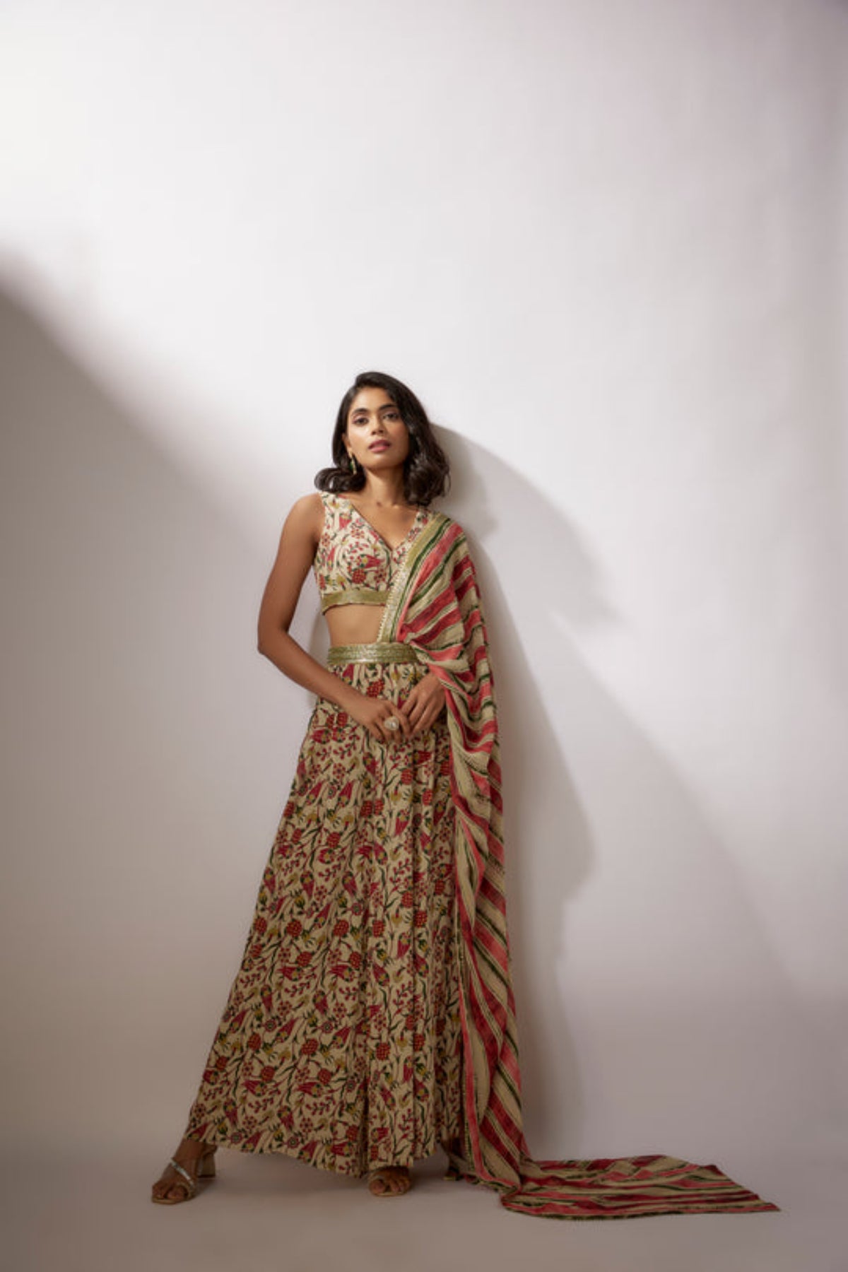 Beige Printed Draped Saree Set With Pants