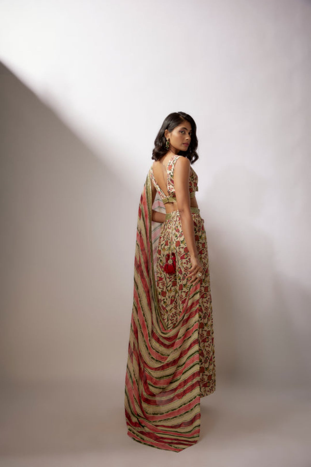 Beige Printed Draped Saree Set With Pants