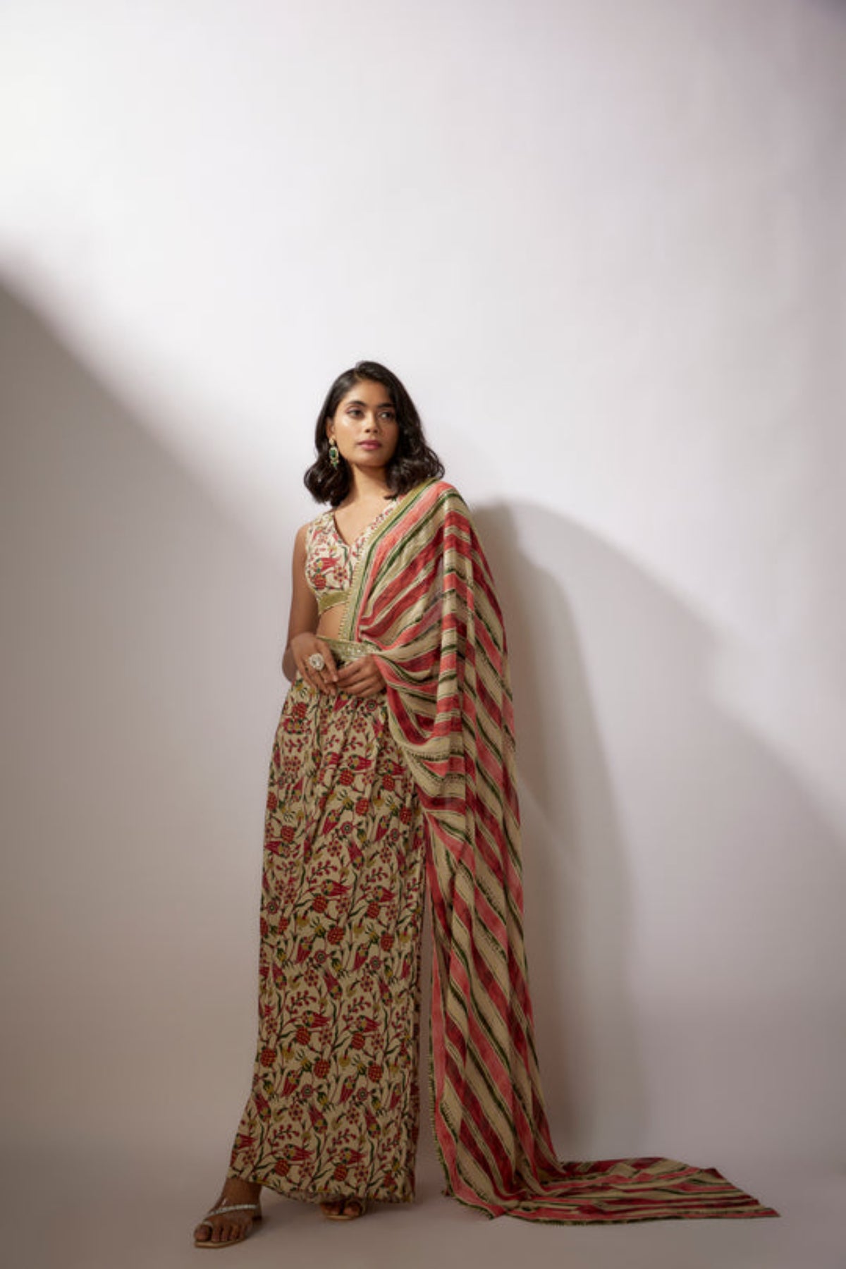 Beige Printed Draped Saree Set With Pants