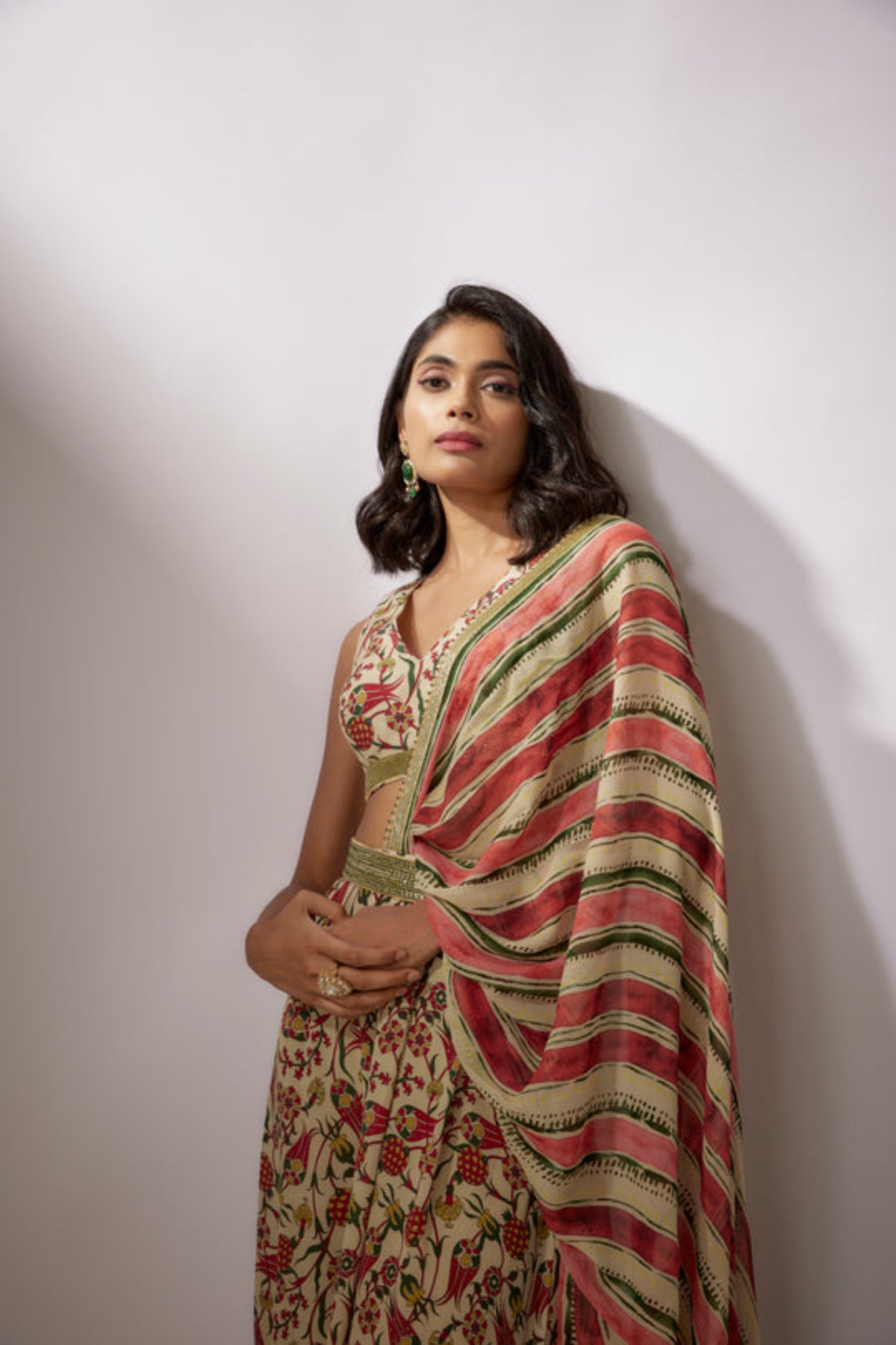 Beige Printed Draped Saree Set With Pants