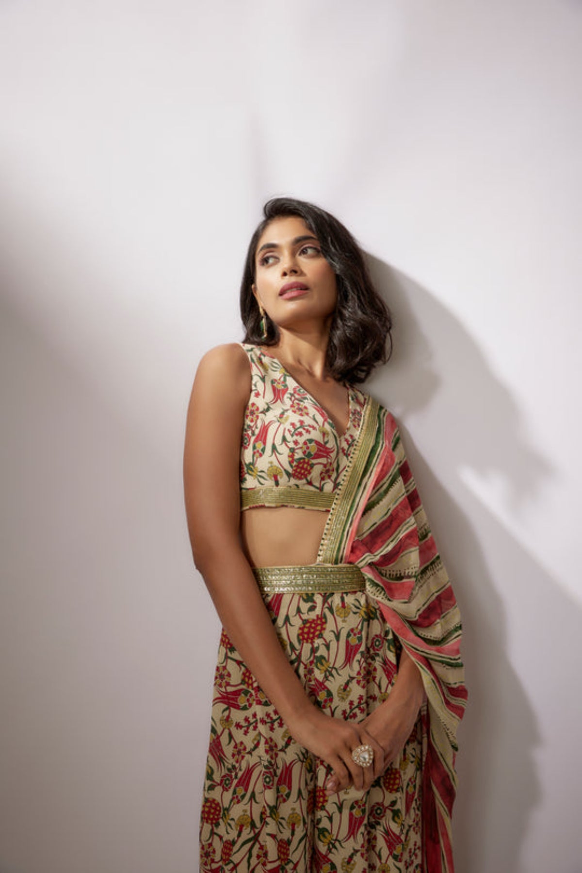 Beige Printed Draped Saree Set With Pants