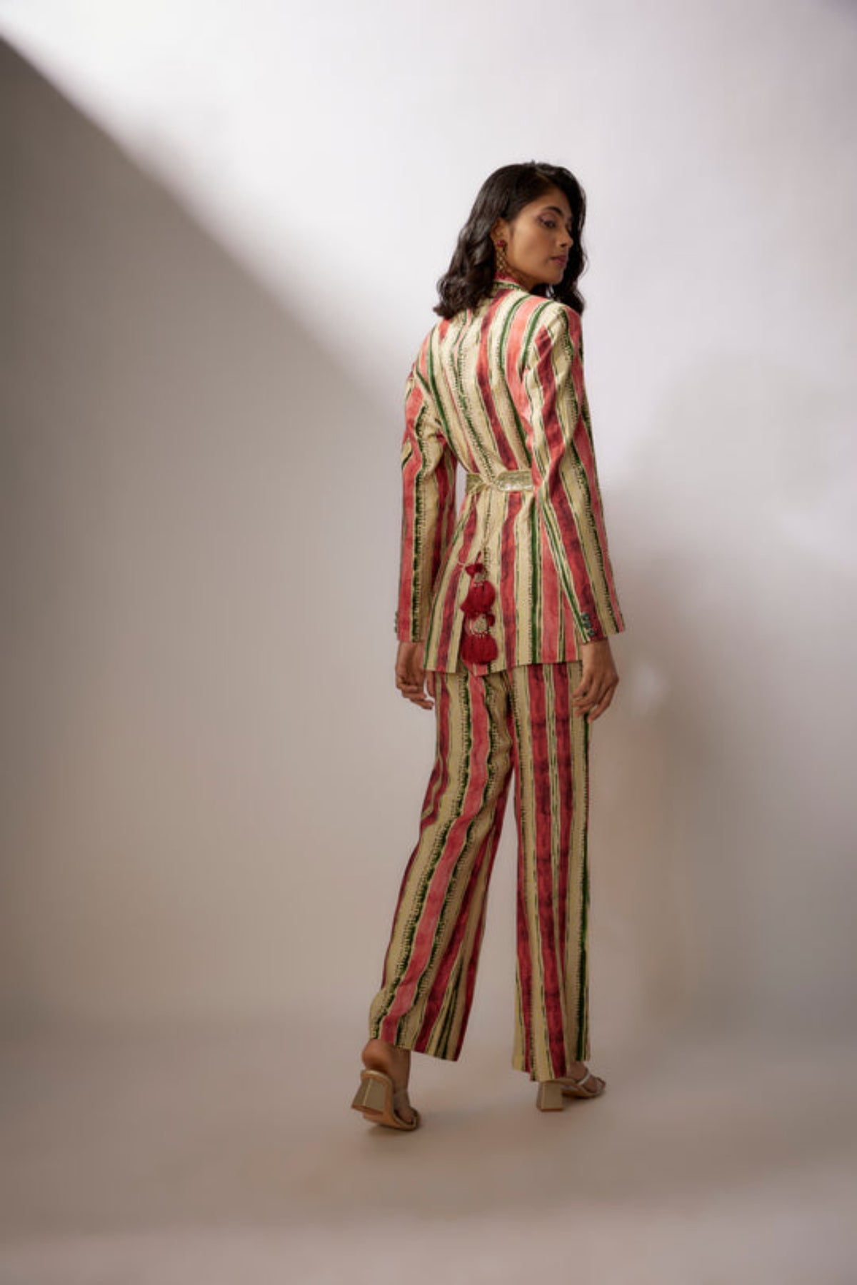 Beige Stripes Printed Blazer Set